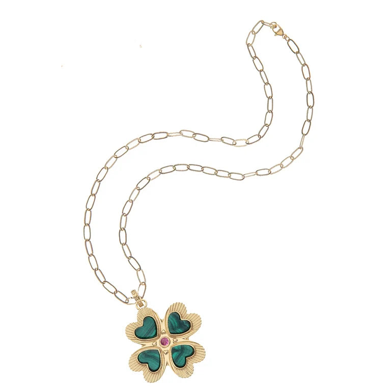LUCKY in Love Clover Pendant with Malachite - 18" Drawn Link Chain-Jane Win-Happy on Main