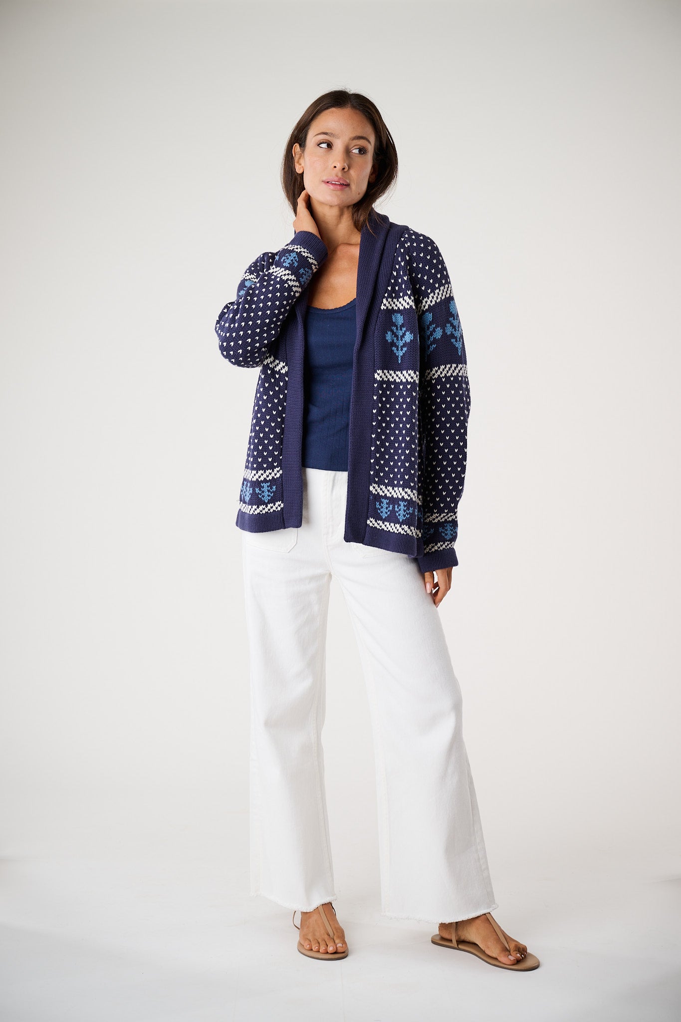 Marea Flower Intarsia Shawl Cardigan - Navy-Marea-Happy on Main
