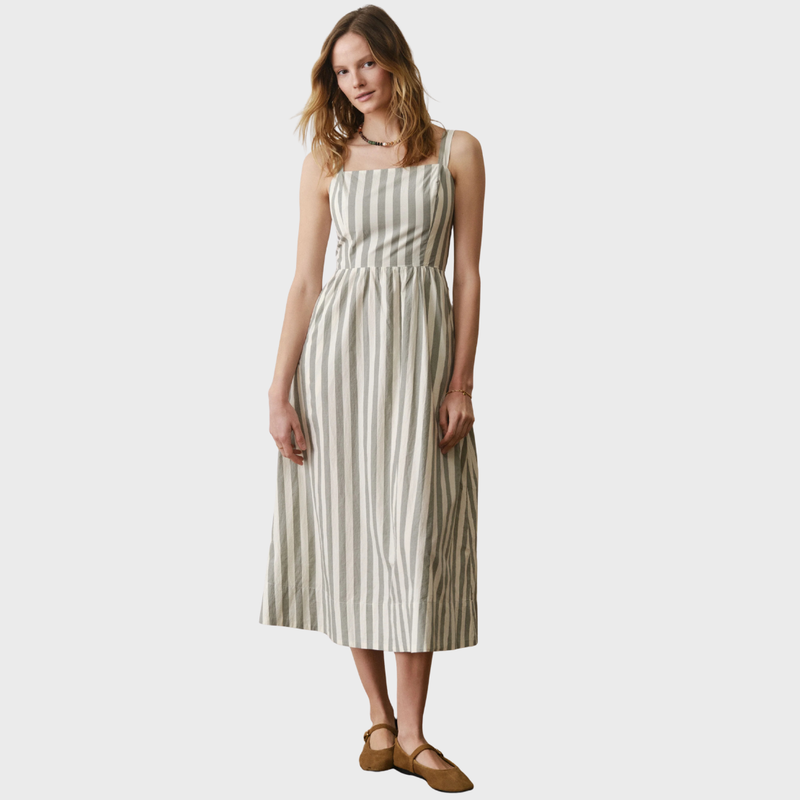 Demi Poplin Midi Dress - Olive Stripe-Marine Layer-Happy on Main