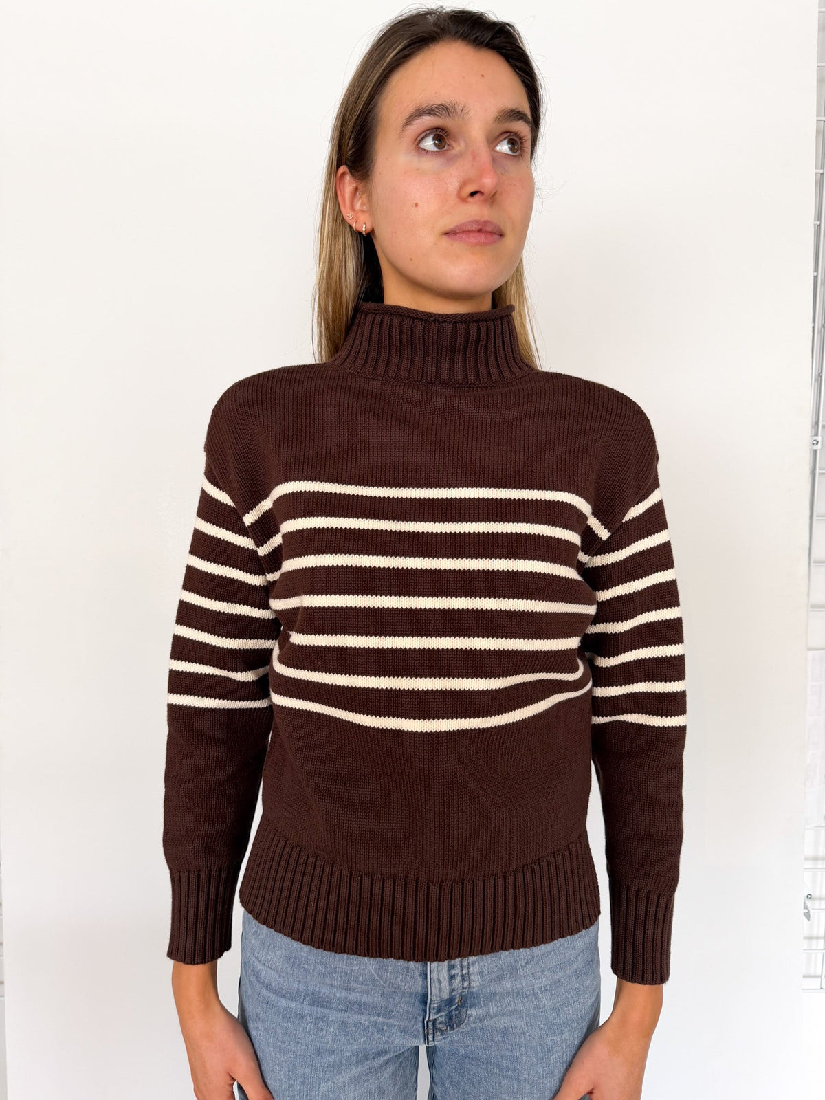 Millie Rollneck Sweater - Chocolate/Ivory Stripe-Marea-Happy on Main