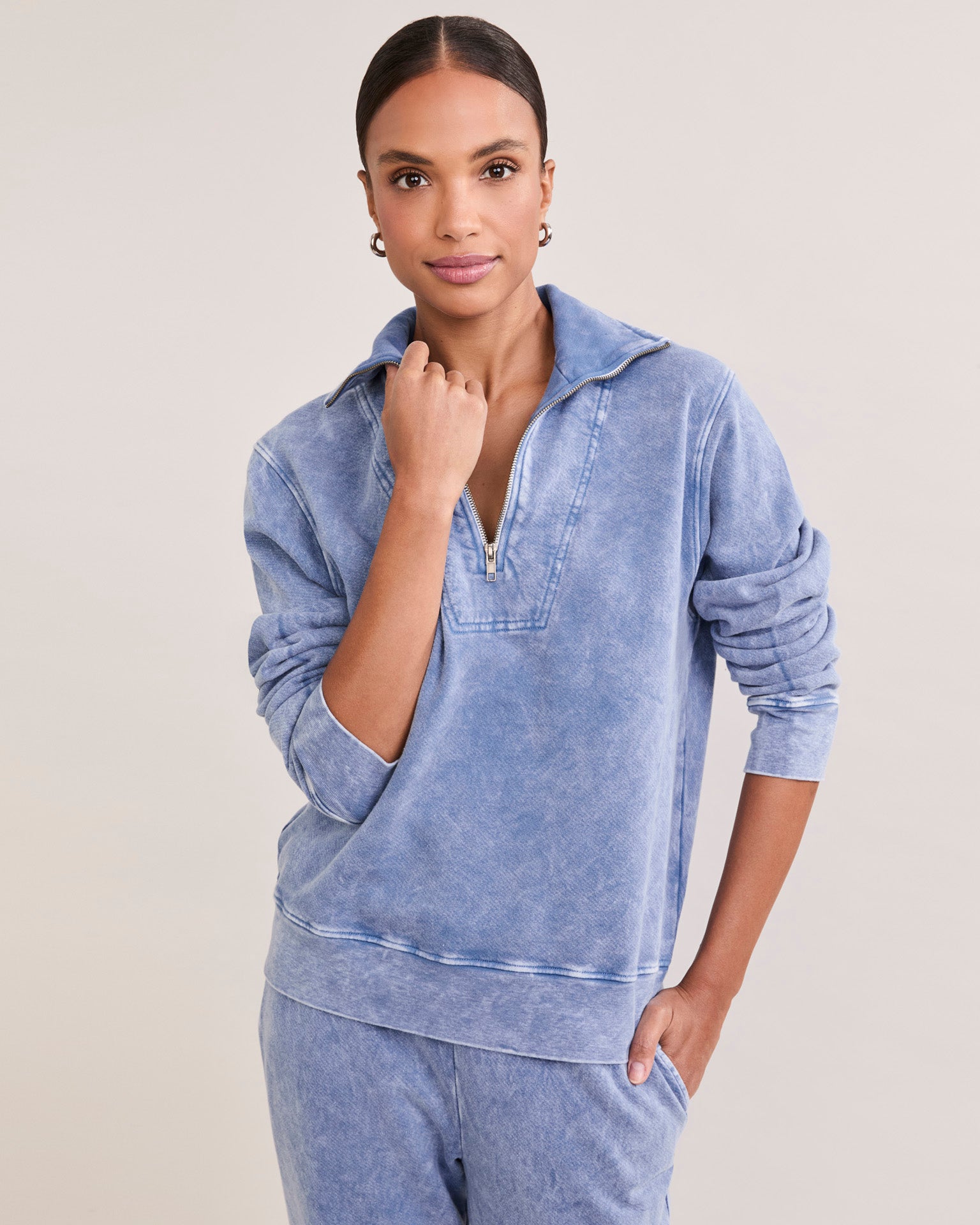 Oxford Unisex Quarter Zip - Blueberry-Maison Wheat-Happy on Main