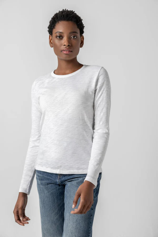 Long sleeve crewneck tee made from Loose Knit Slub fabric 100% cotton.