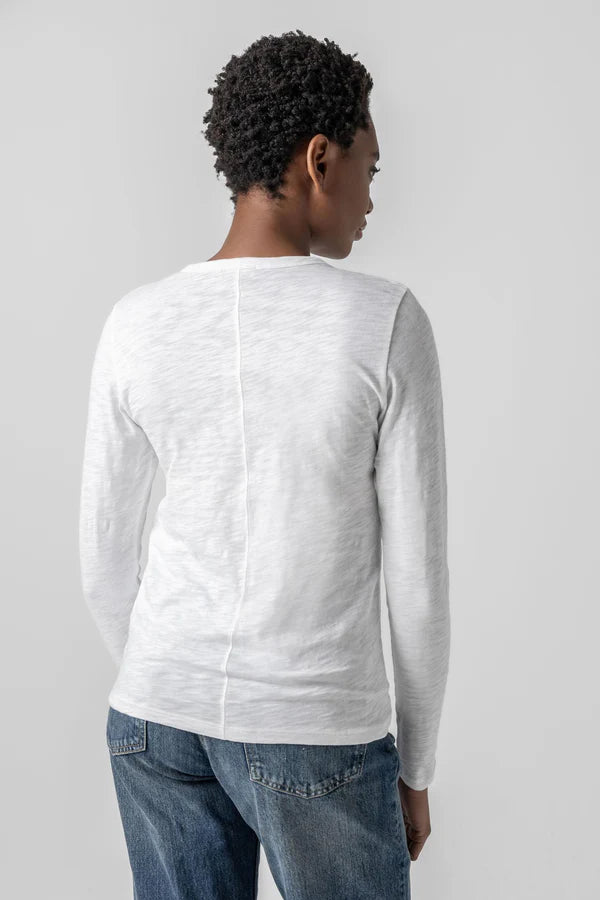 Long sleeve crewneck tee made from Loose Knit Slub fabric 100% cotton.