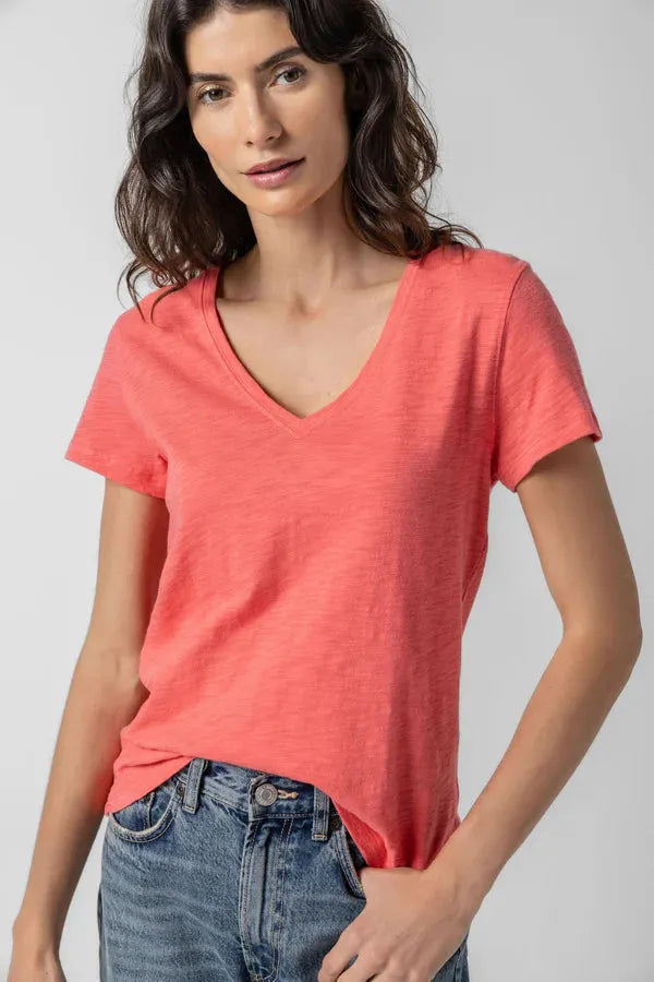 Short Sleeve Back Seam V-Neck-Casual Tops-Happy on Main