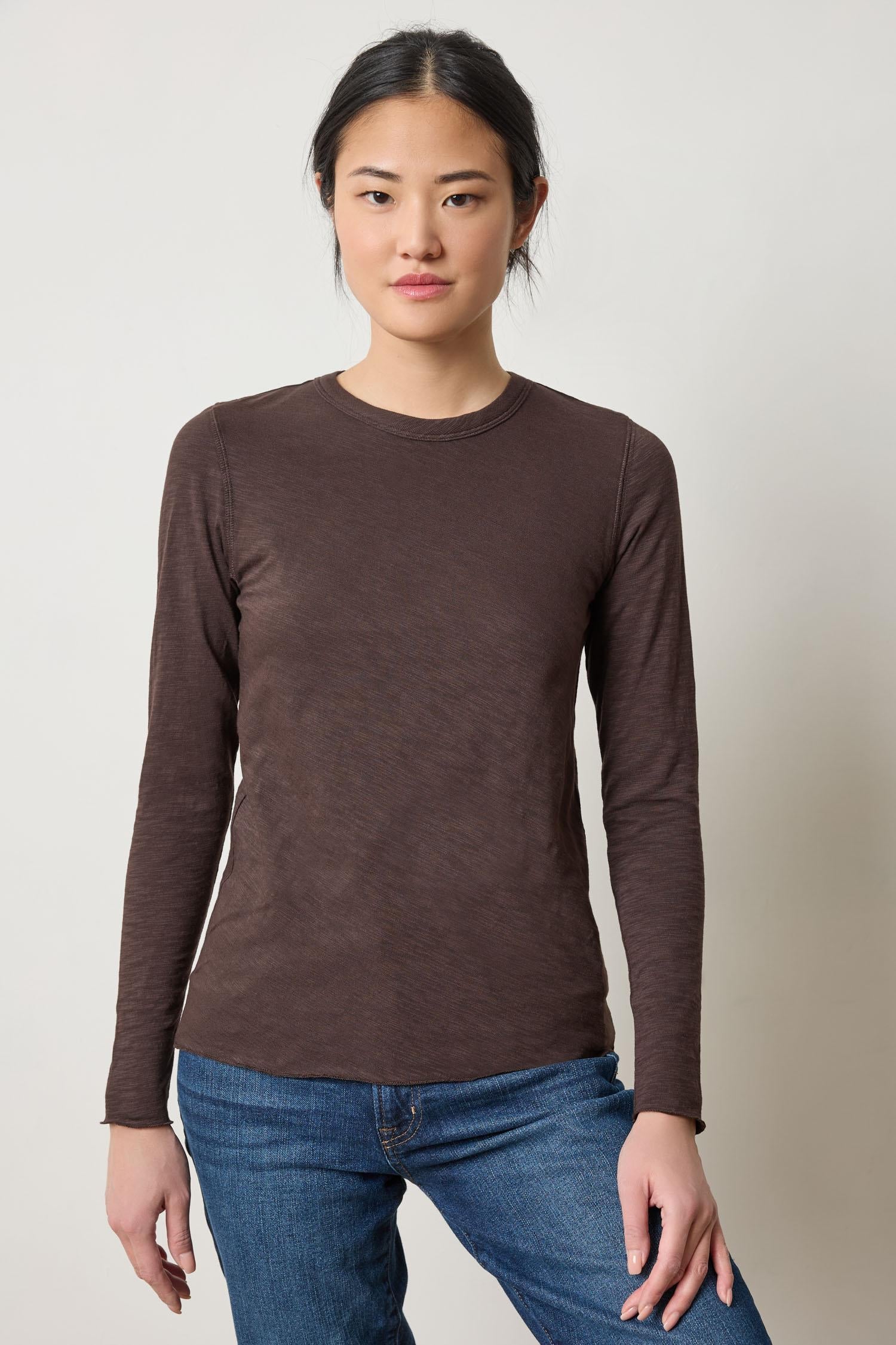 The Long Sleeve Bias Cut Crewneck in mid-weight cotton slub.