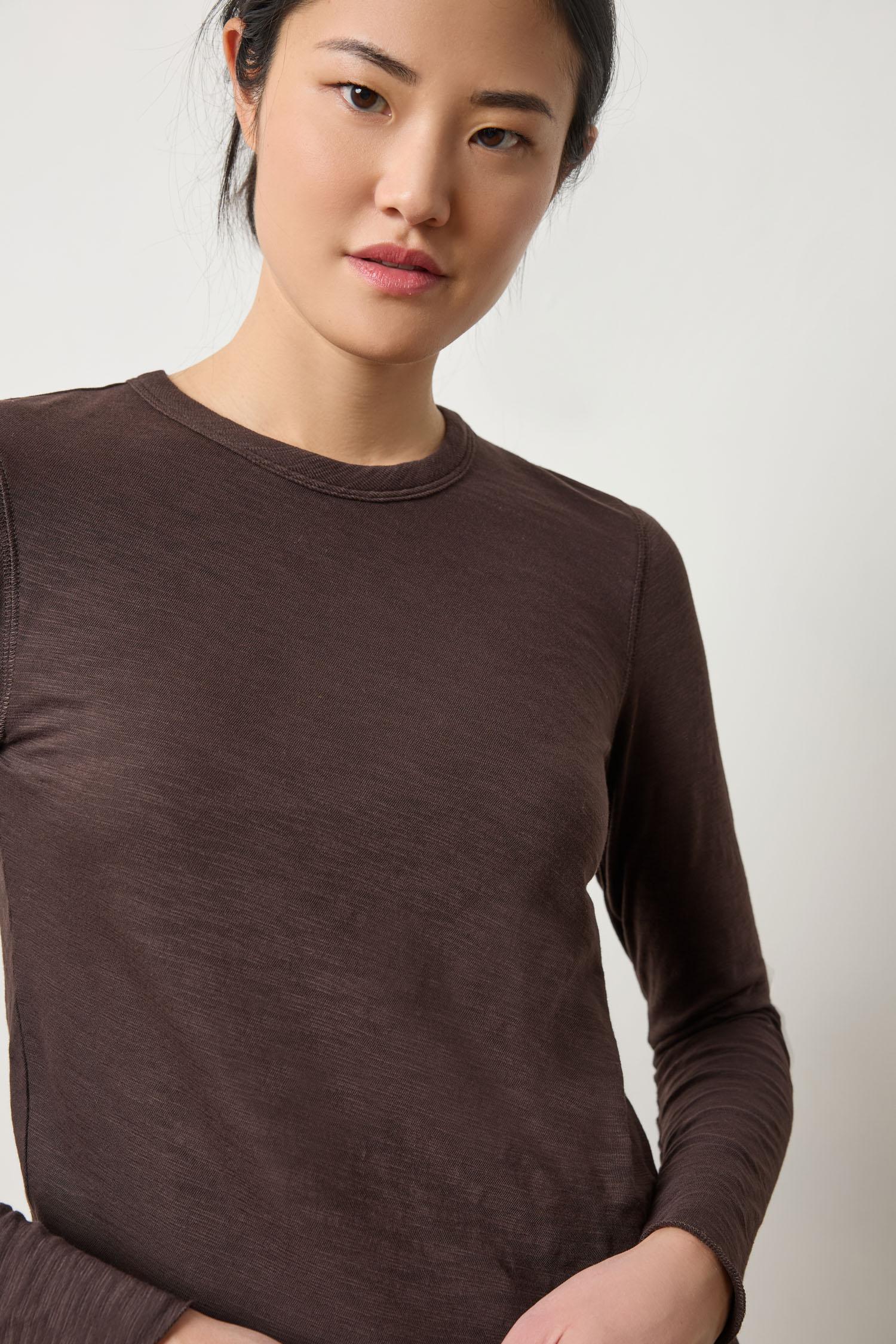 The Long Sleeve Bias Cut Crewneck in mid-weight cotton slub.