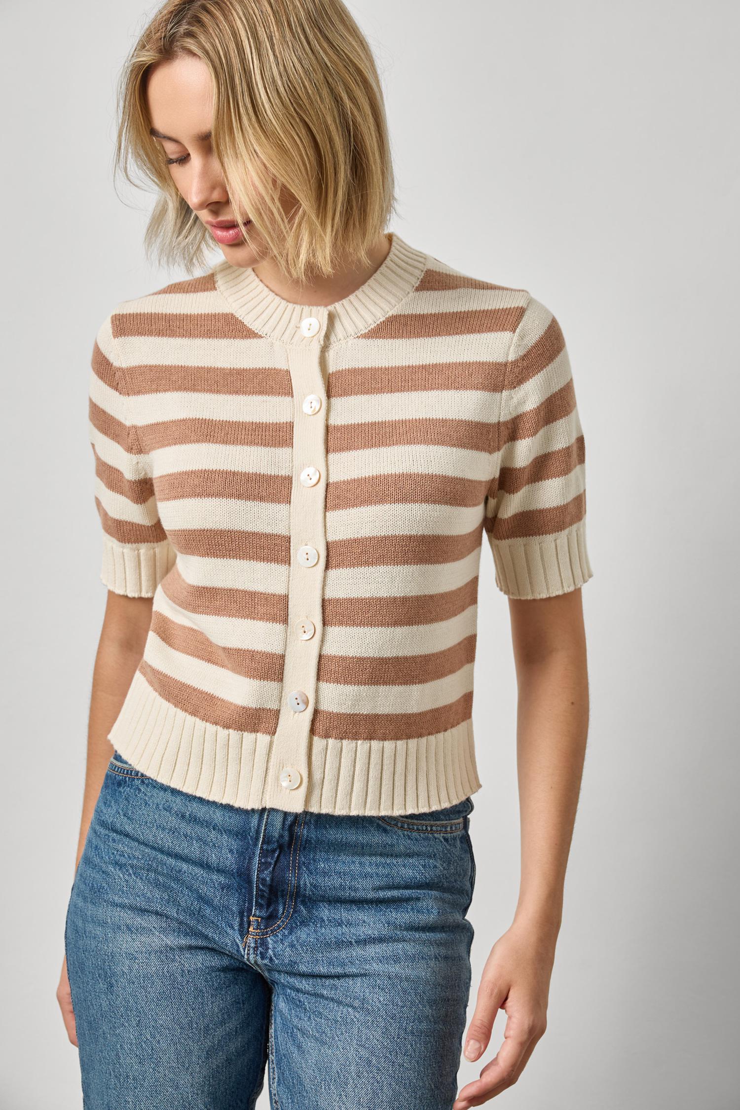 Elbow Sleeve Button Cardigan - Fawn Stripe-Lilla P-Happy on Main