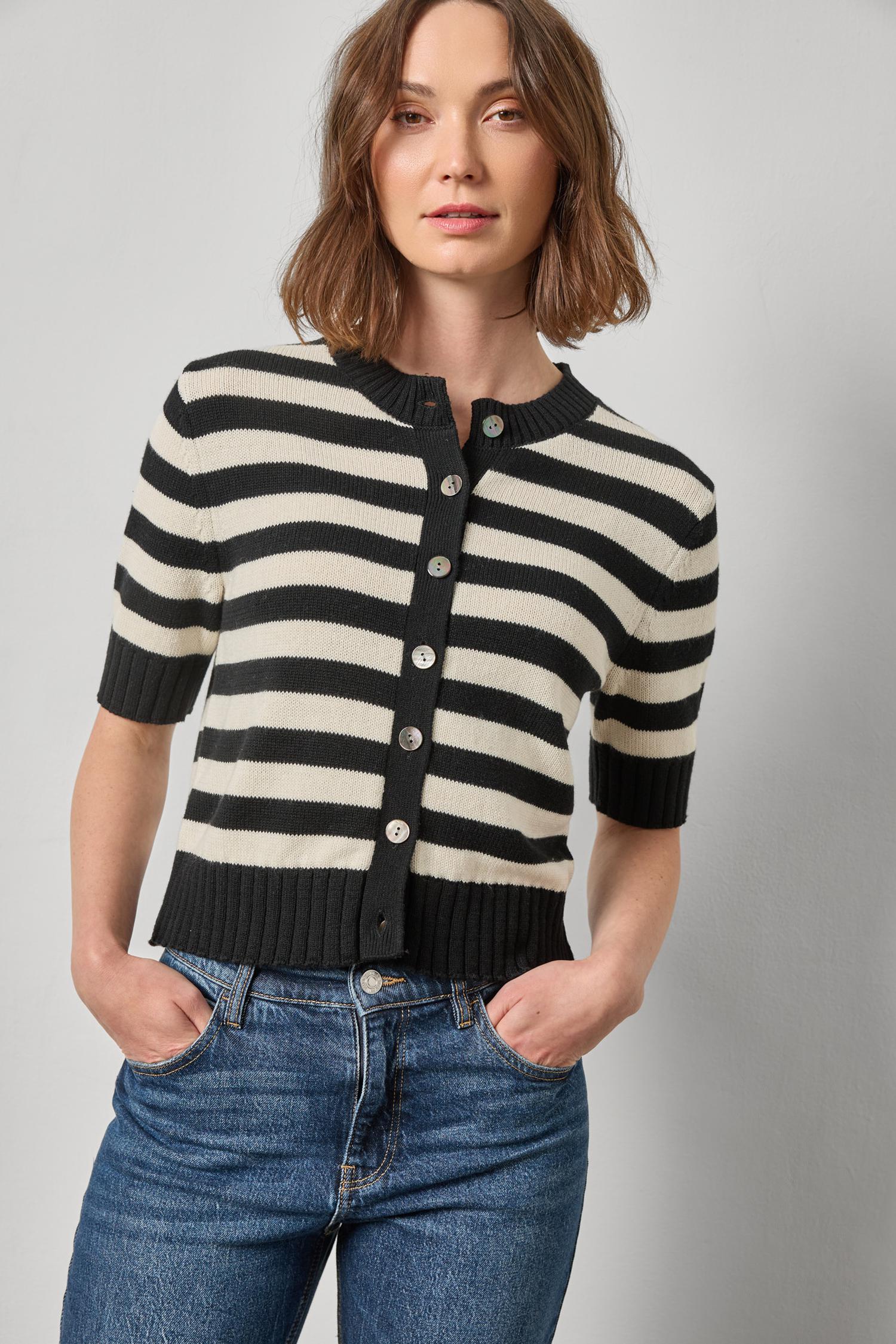 Elbow Sleeve Button Cardigan - Jet Black Stripe-Lilla P-Happy on Main