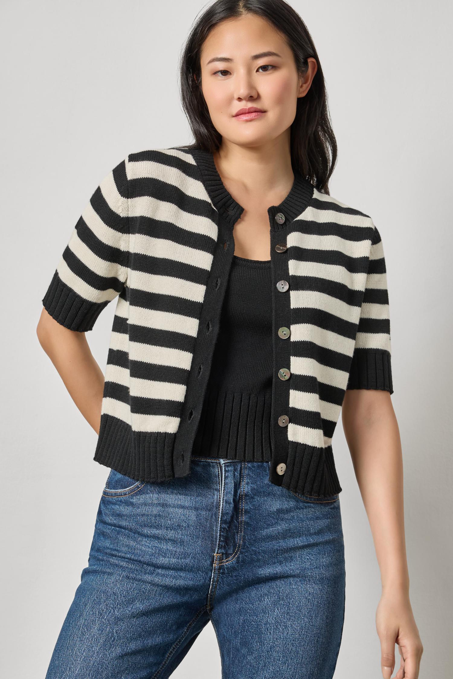 Elbow Sleeve Button Cardigan - Jet Black Stripe-Lilla P-Happy on Main