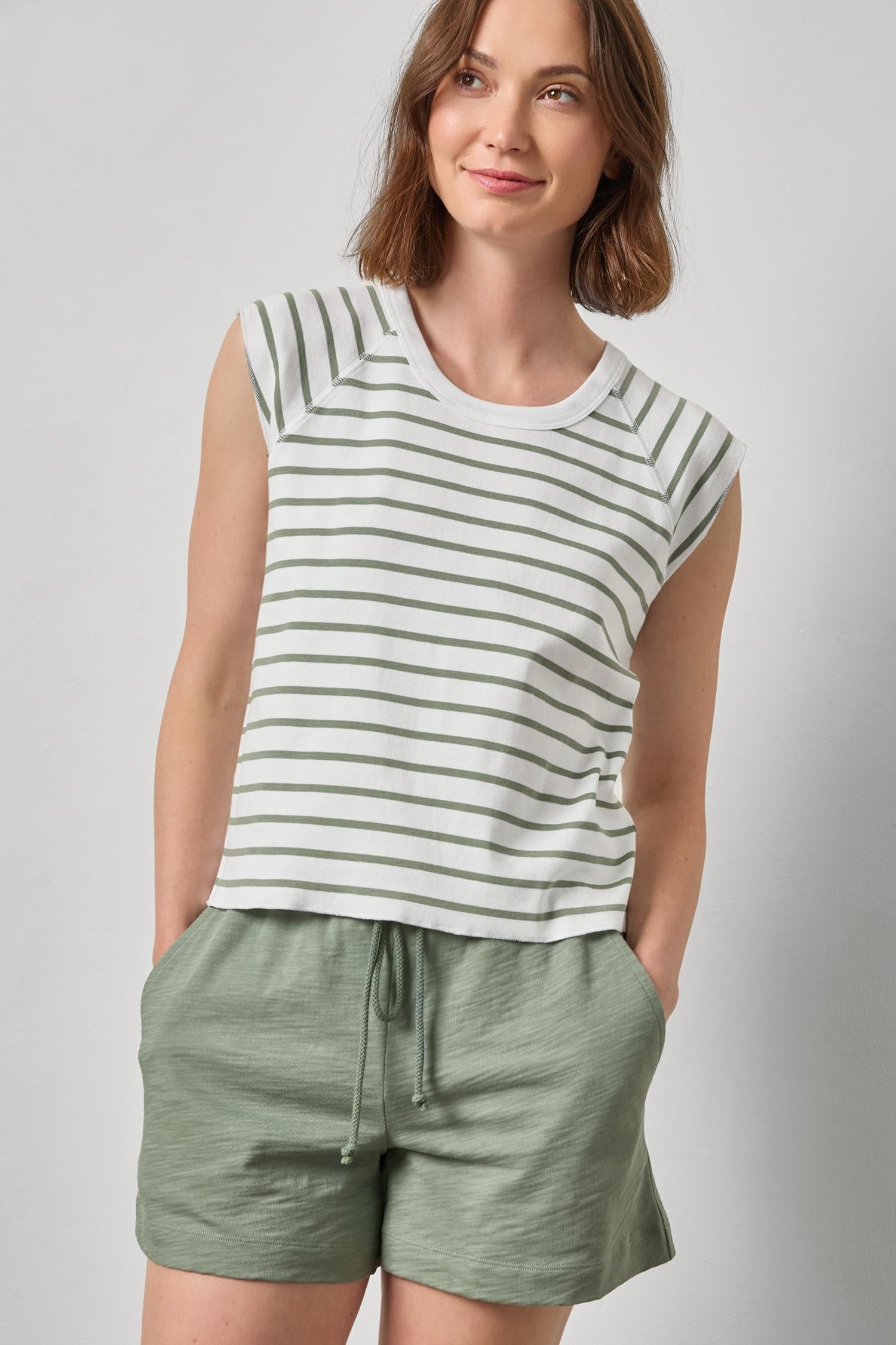Rib Stripe Short Sleeve Scoop Neck - Sage Stripe-Lilla P-Happy on Main