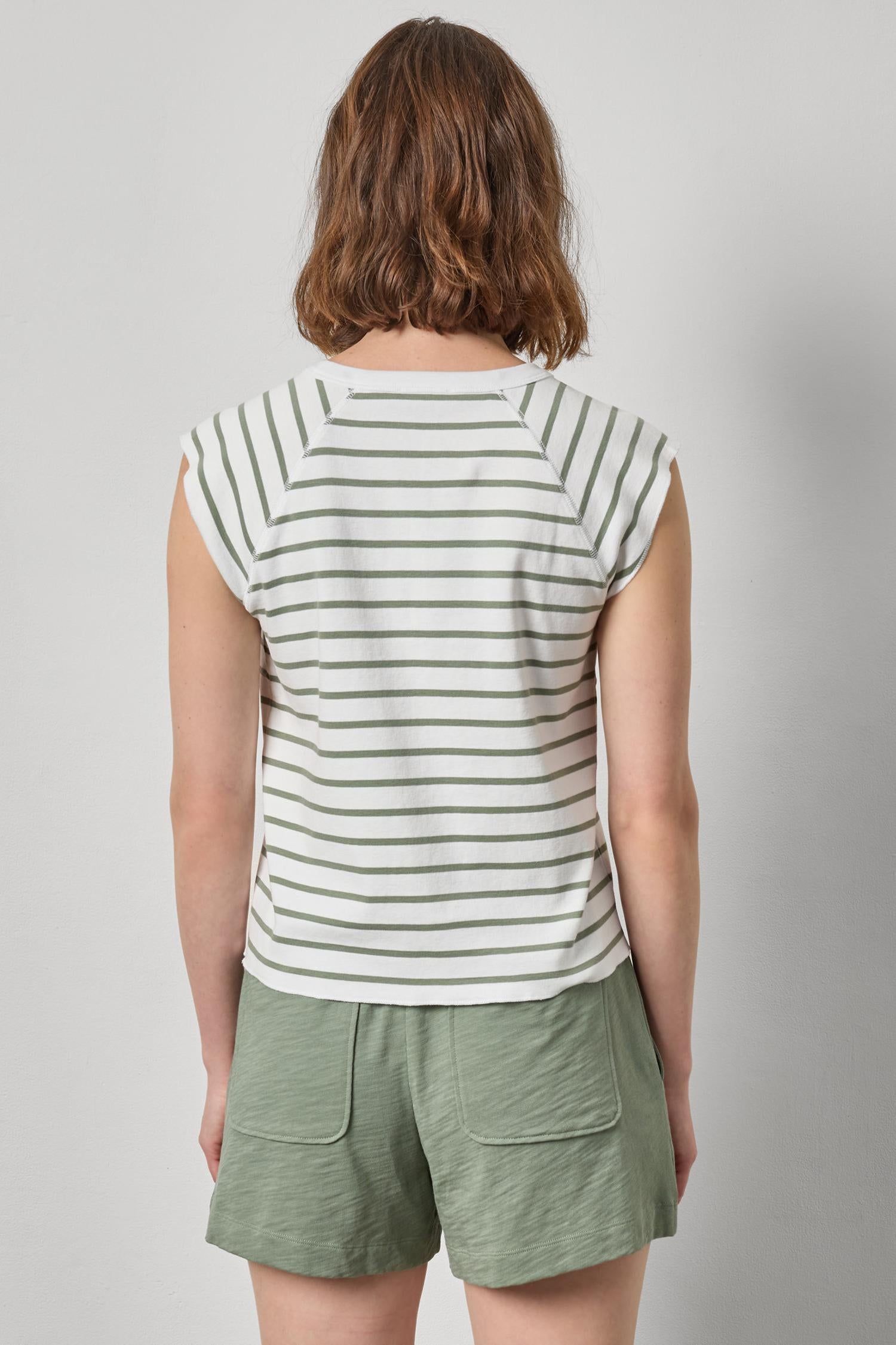 Rib Stripe Short Sleeve Scoop Neck - Sage Stripe-Lilla P-Happy on Main