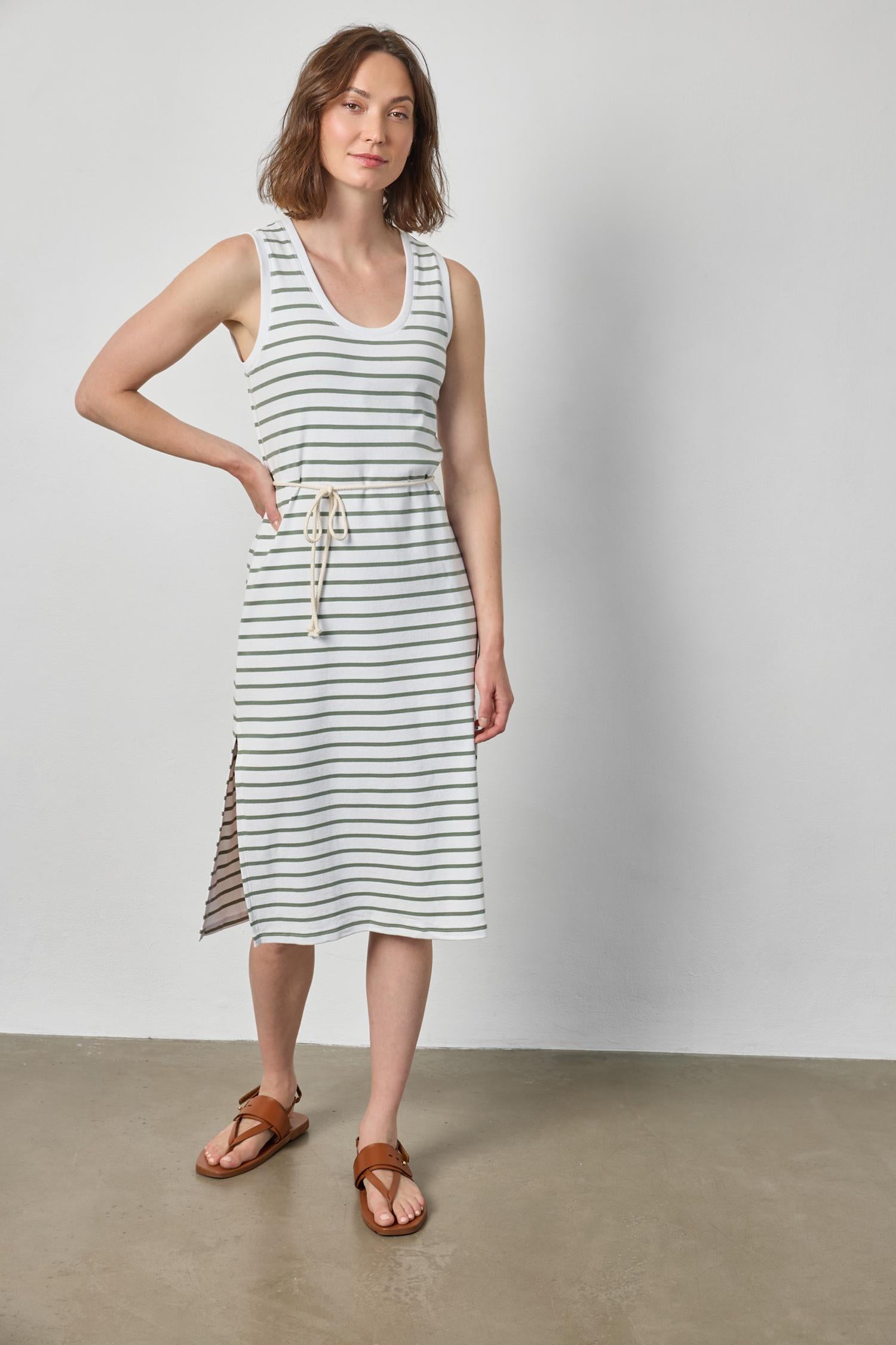 Rib Stripe Side Slit Tank Dress - Sage Stripe-Lilla P-Happy on Main