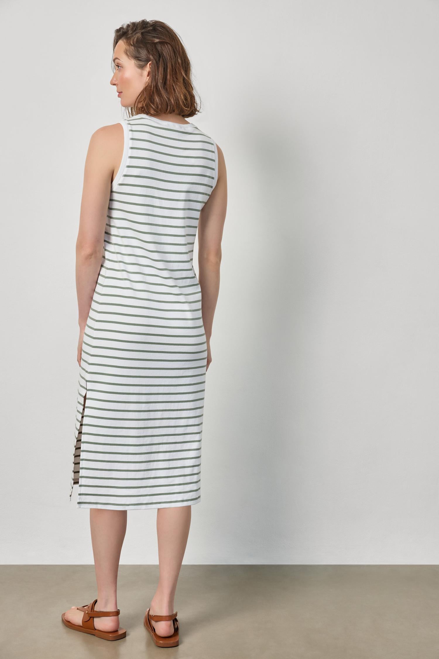 Rib Stripe Side Slit Tank Dress - Sage Stripe-Lilla P-Happy on Main