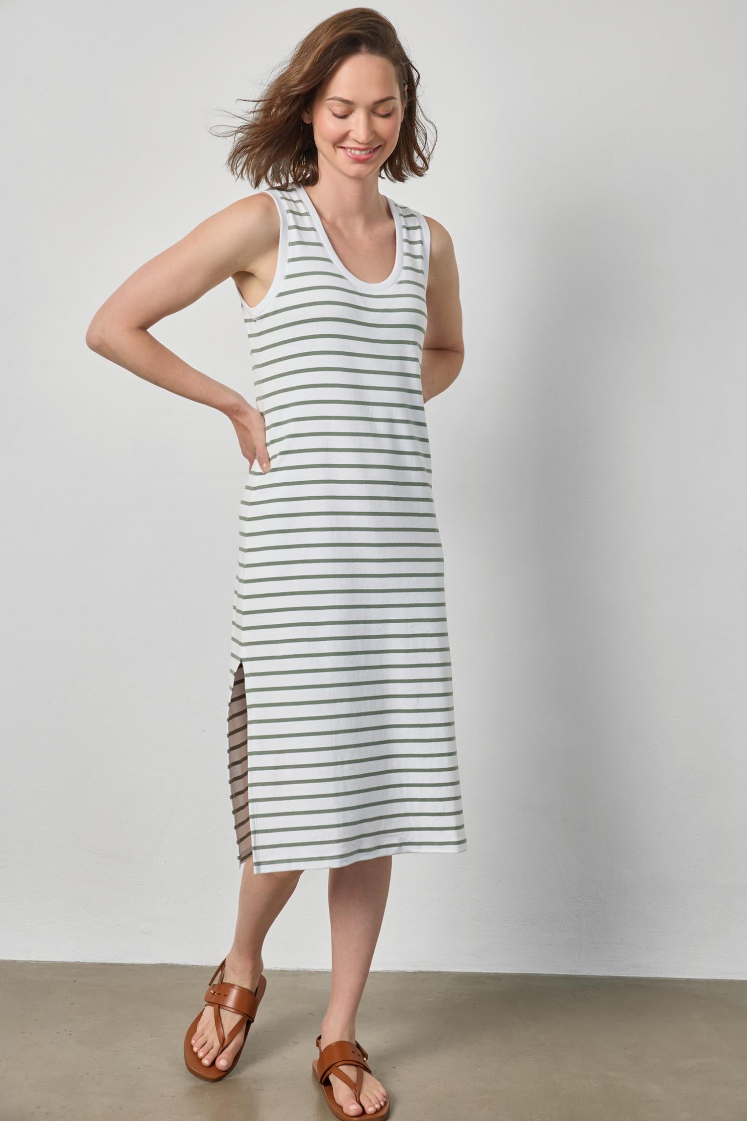 Rib Stripe Side Slit Tank Dress - Sage Stripe-Lilla P-Happy on Main