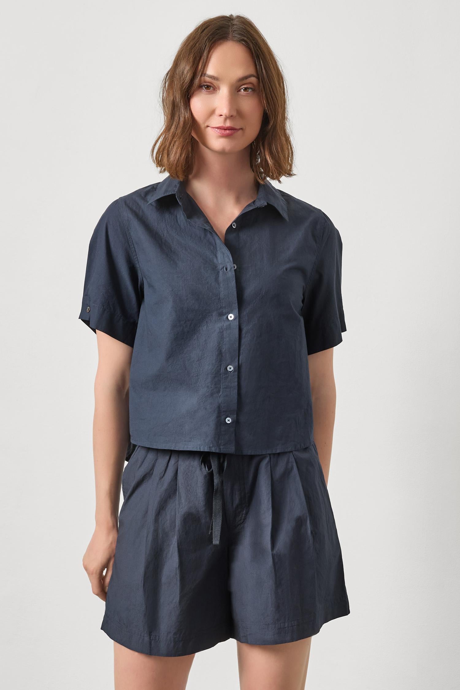 Folded Sleeve Button Down - Navy-Lilla P-Happy on Main