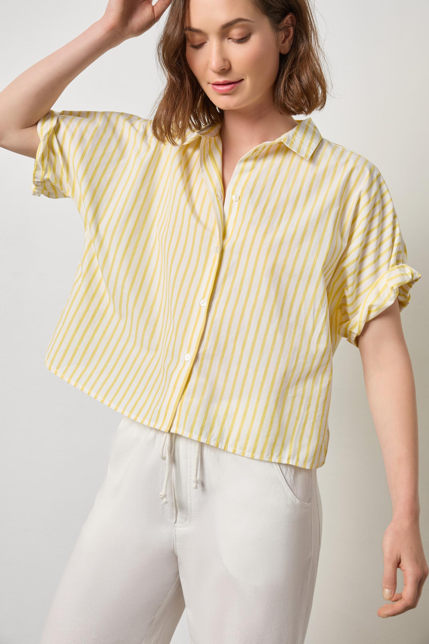 Striped Oversized Button Down Dolman - Sunflower Stripe-Lilla P-Happy on Main