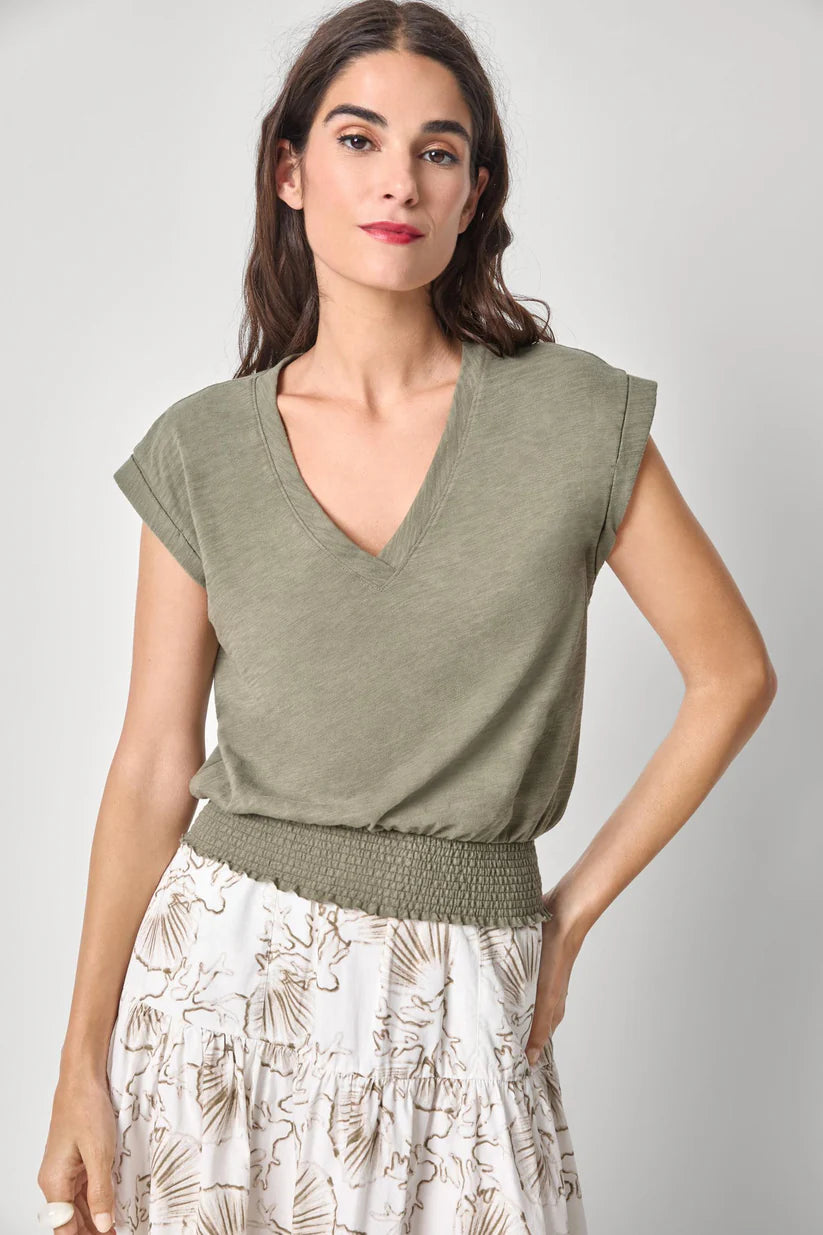 Smocked Hem V-Neck - Fern