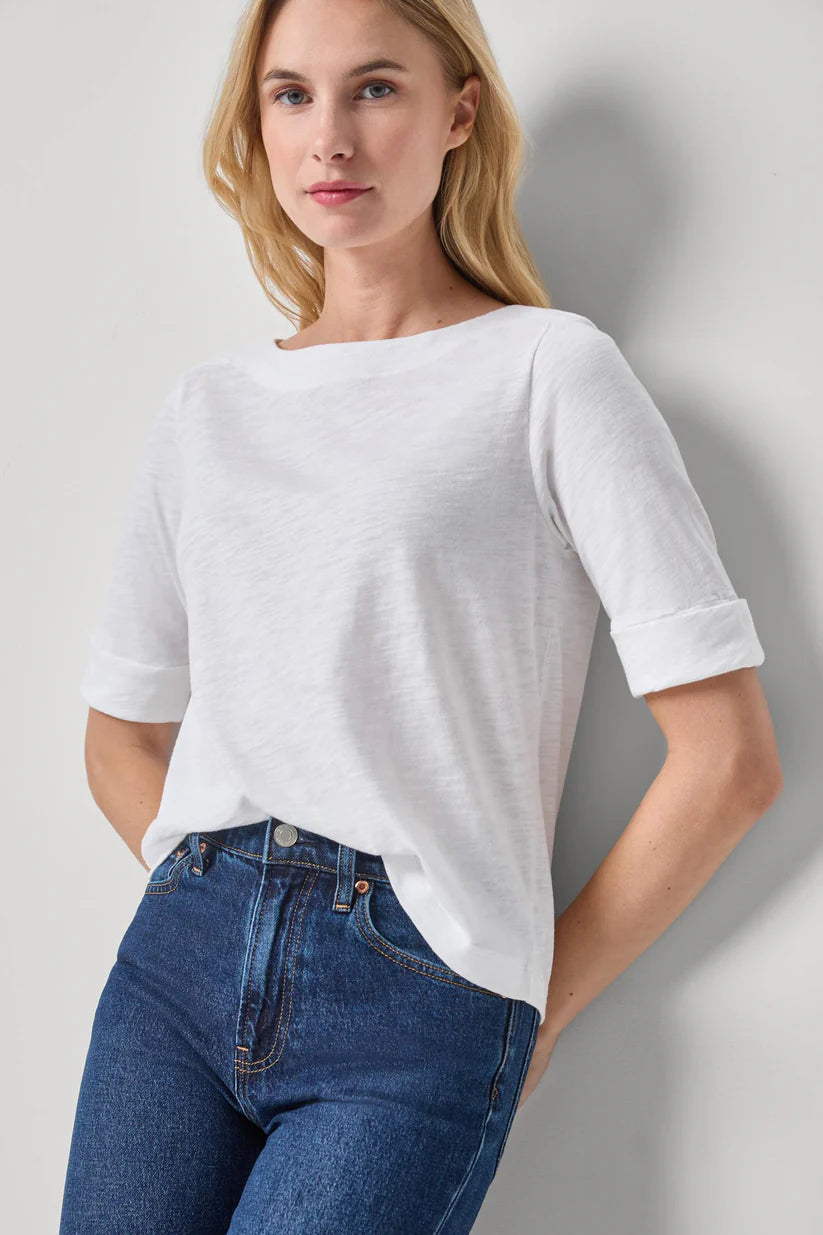 Cuffed Sleeve Boatneck - White