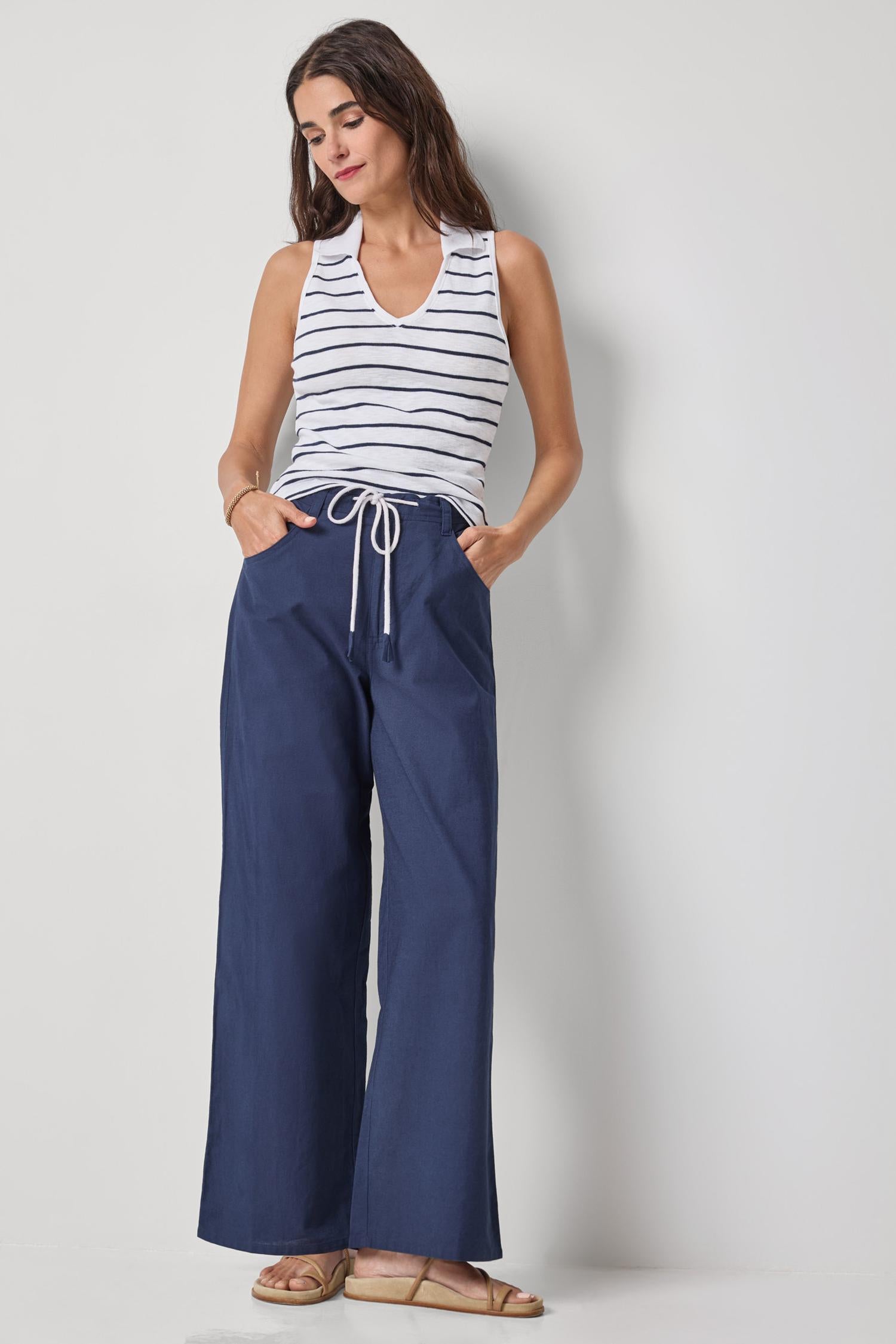 Striped Sleeveless Collared Top - Navy Stripe-Lilla P-Happy on Main