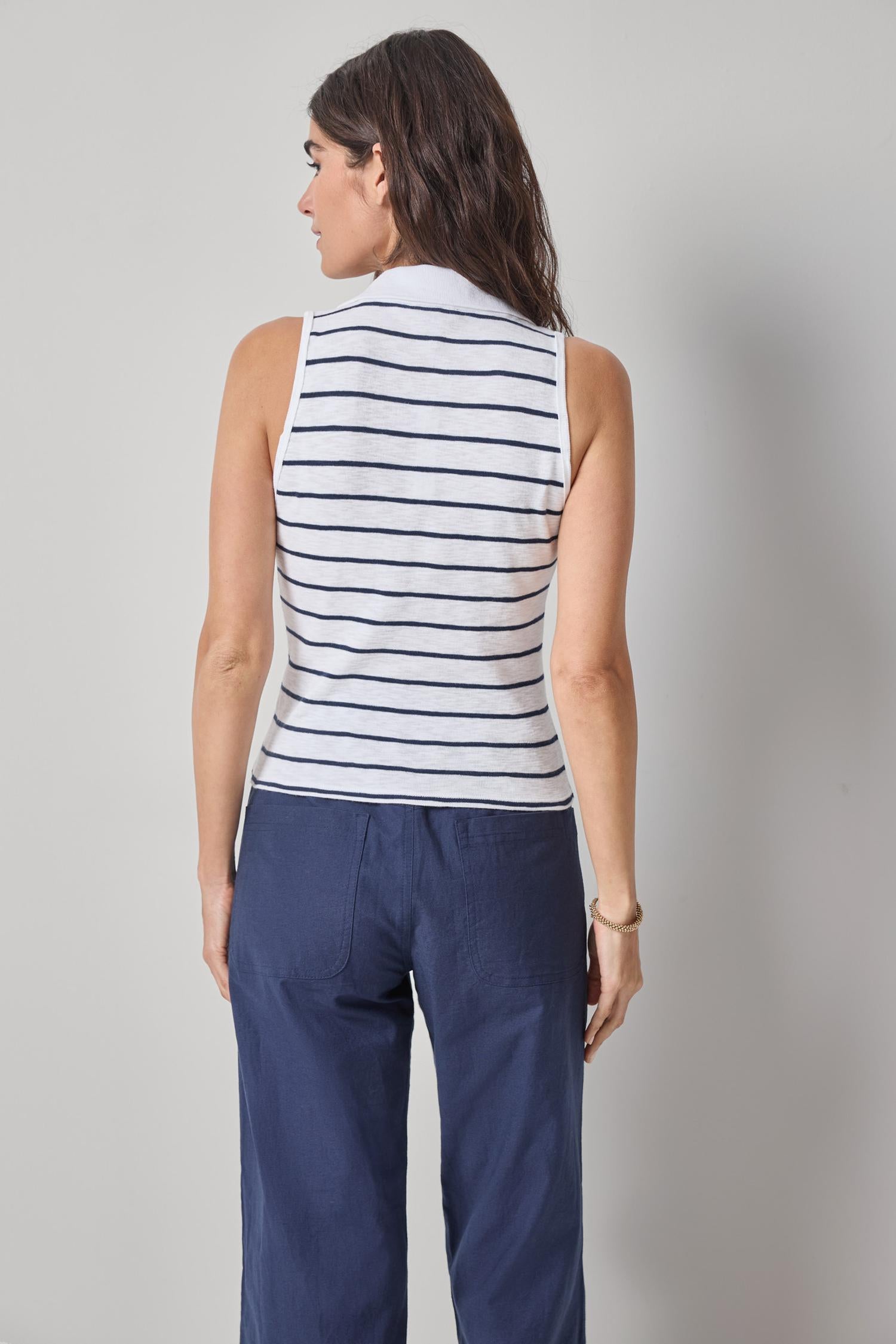 Striped Sleeveless Collared Top - Navy Stripe-Lilla P-Happy on Main
