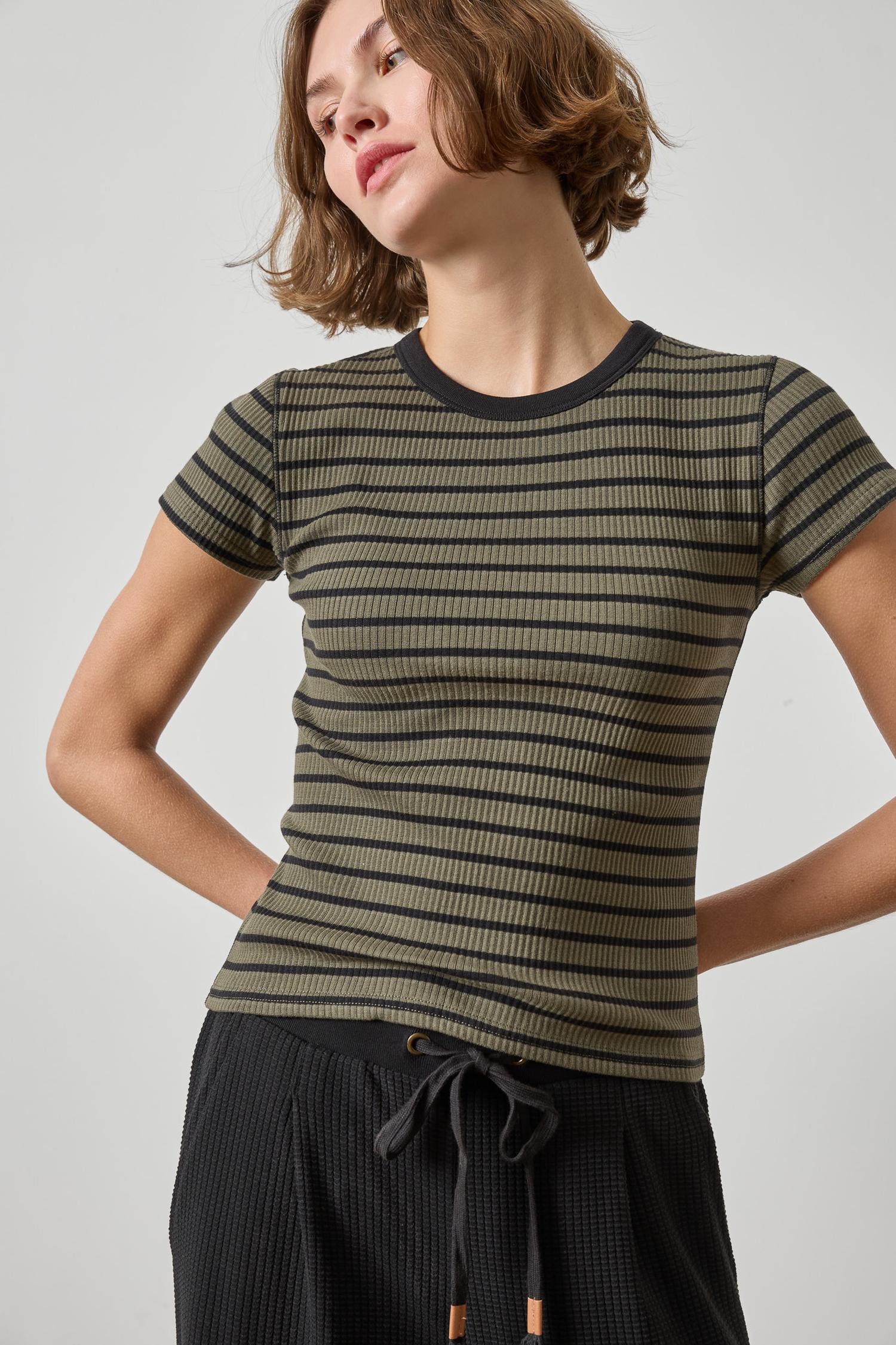 Ribbed Short Sleeve Crew - Olive Stripe-Lilla P-Happy on Main