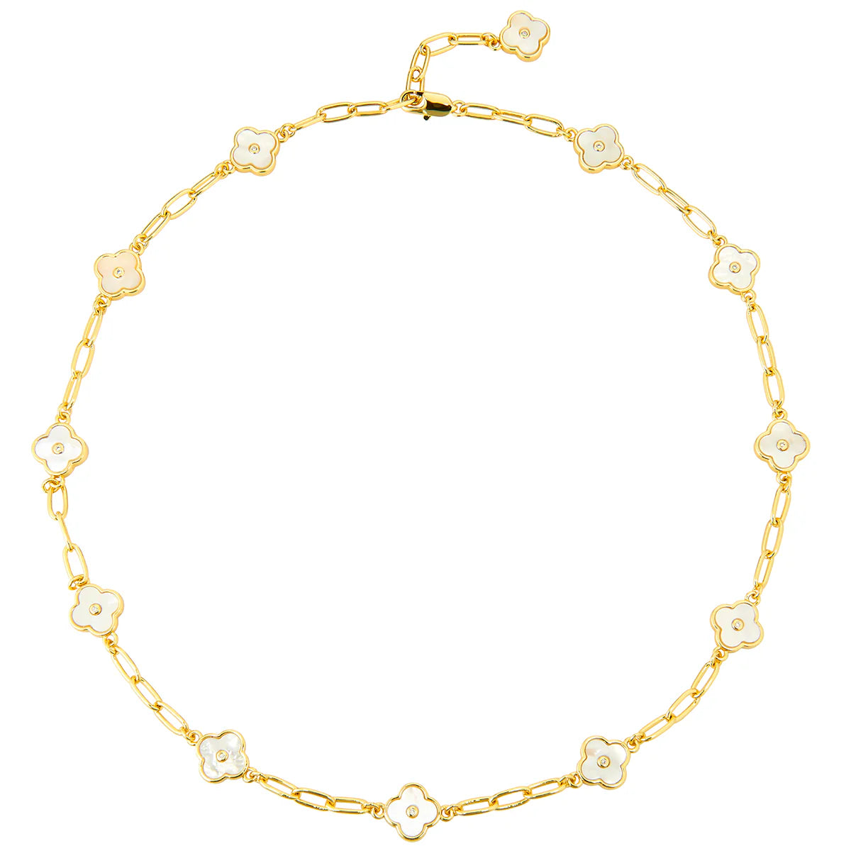 14k gold dipped mother of pearl Angelina clover station necklace. 