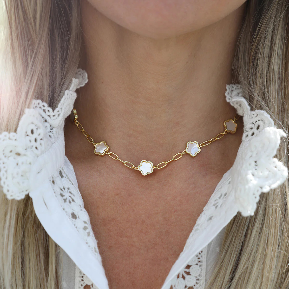 14k gold dipped mother of pearl Lilia station necklace. 