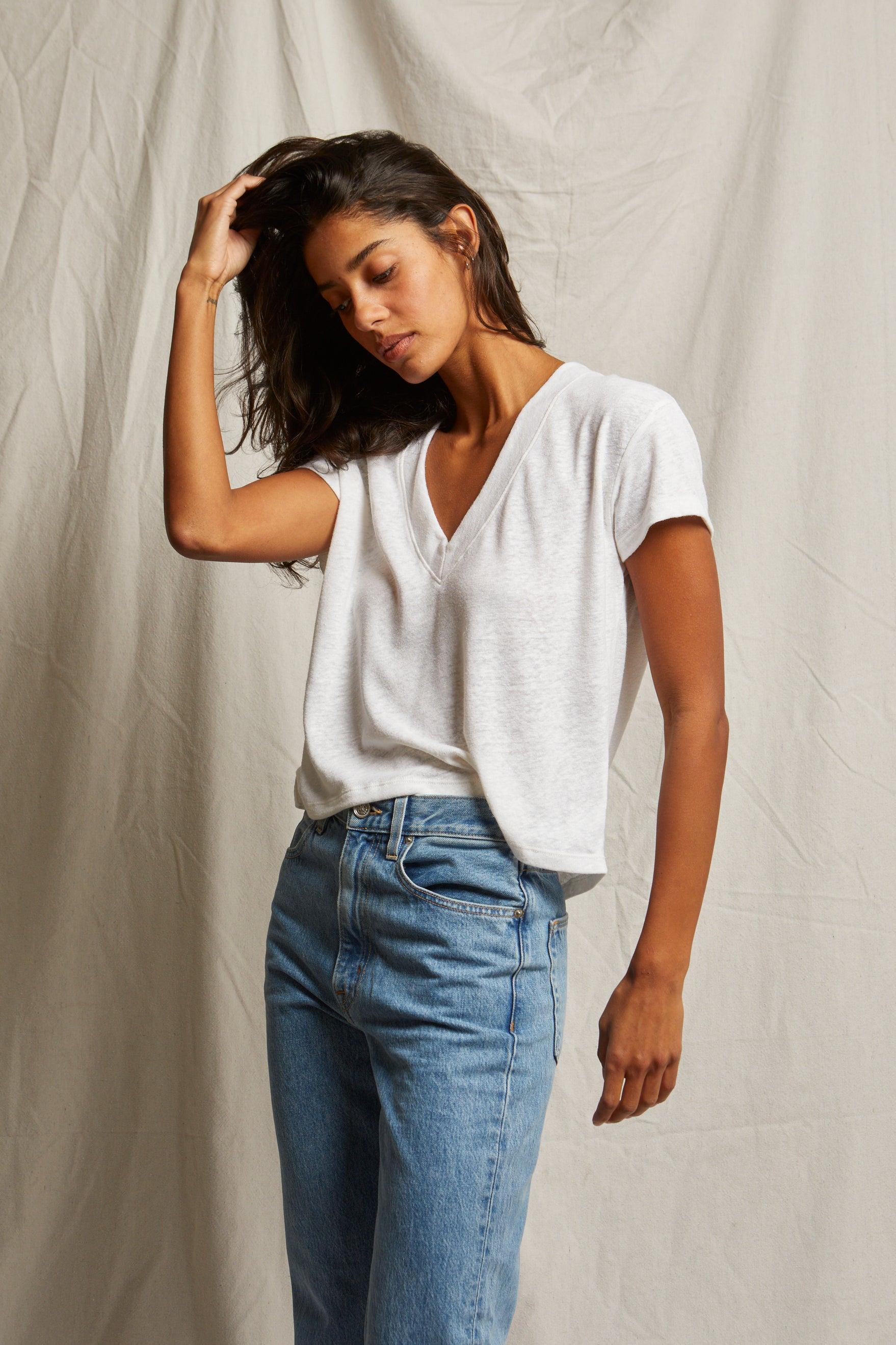 Rosie Linen Jersey Spandex V Neck-Casual Tops-Happy on Main