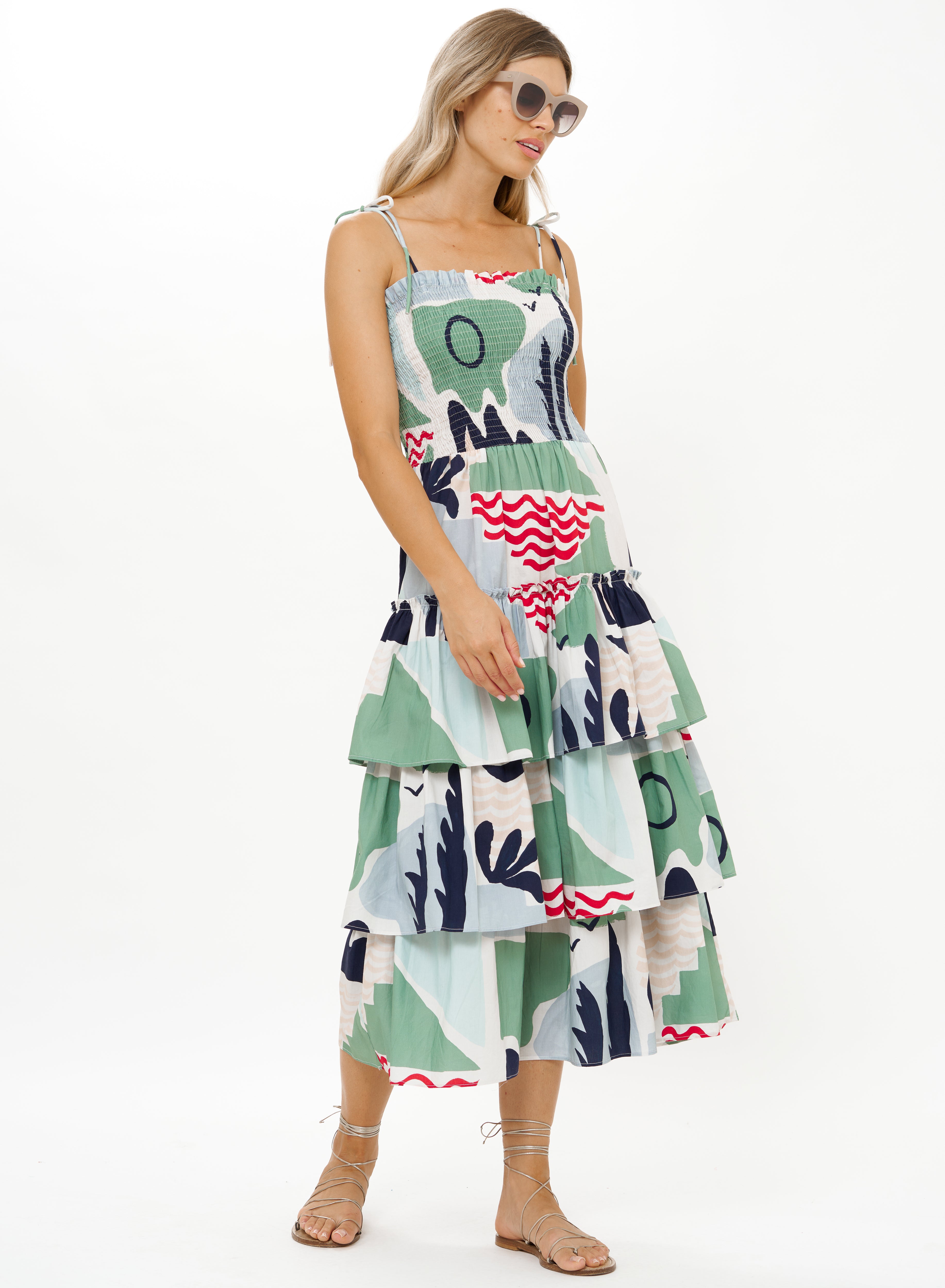 Smocked Tie Strap Ruffle Midi-Dressy Dresses-Happy on Main