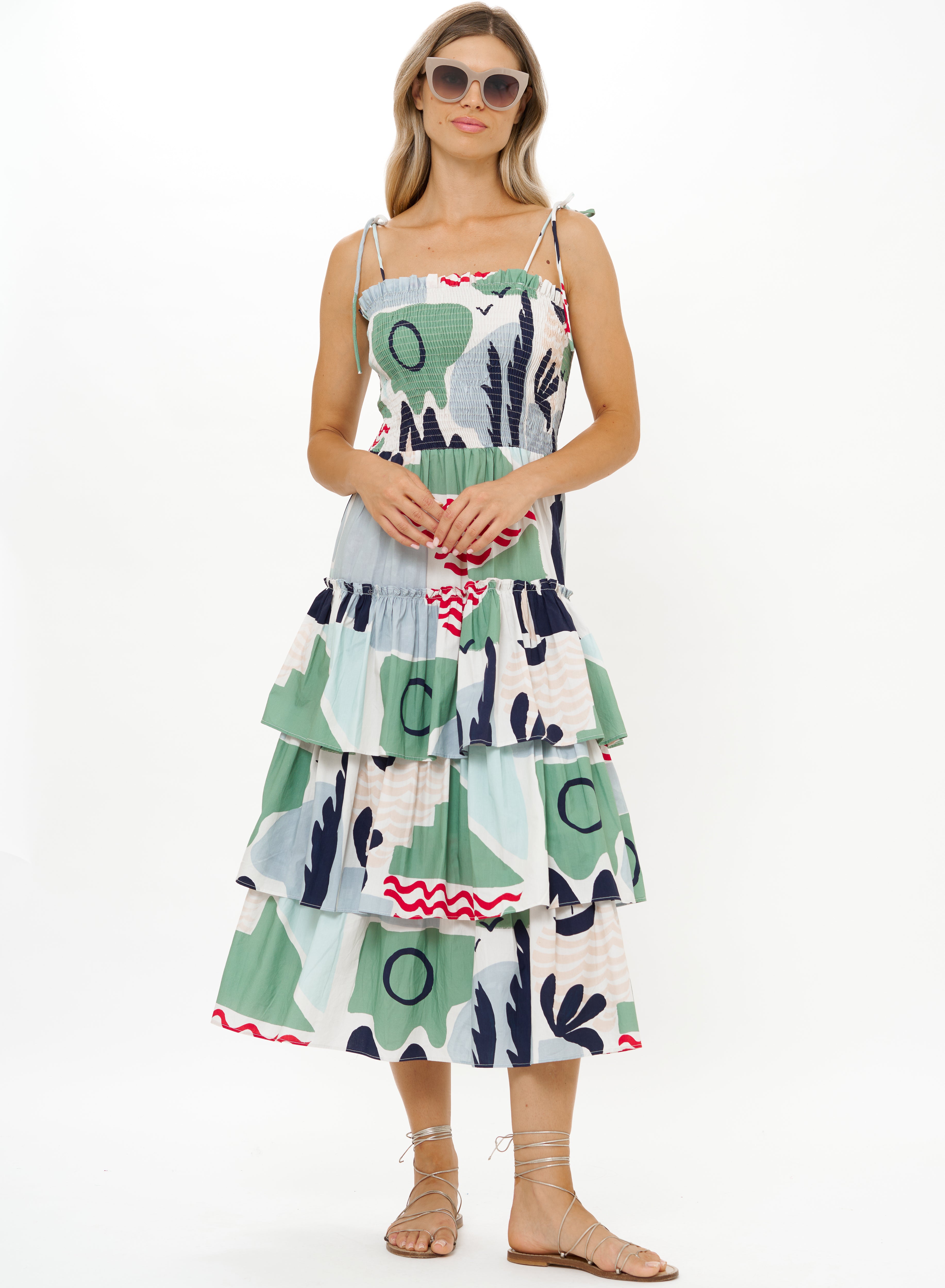 Smocked Tie Strap Ruffle Midi-Dressy Dresses-Happy on Main