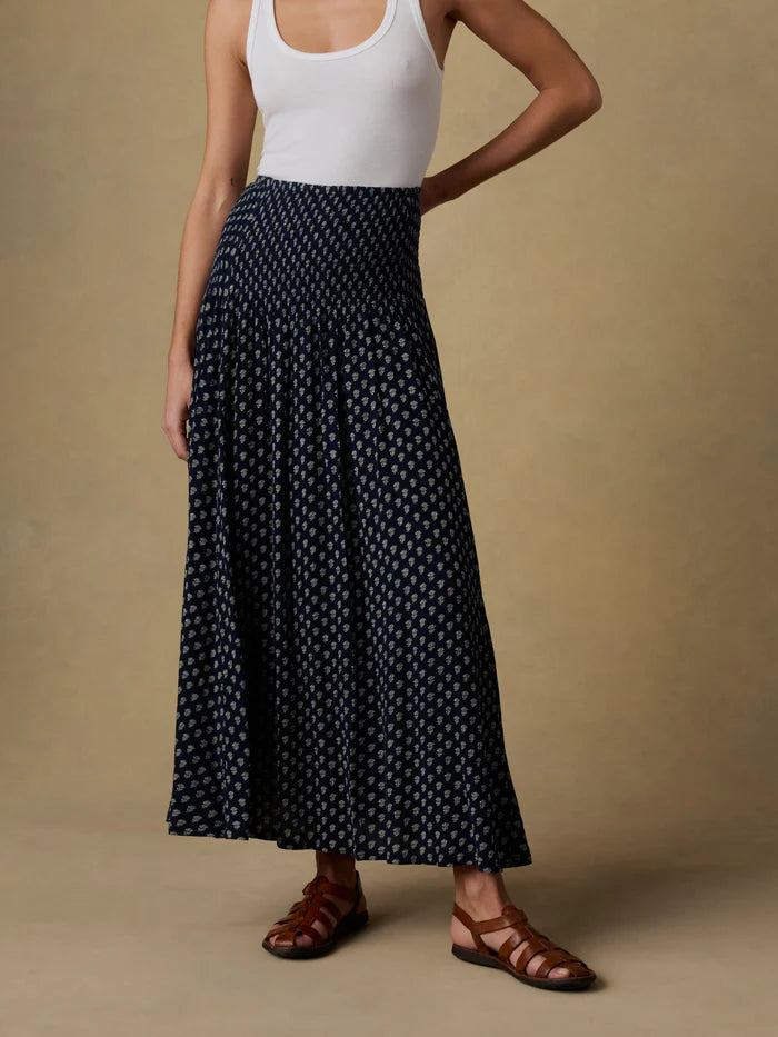 Sophia Smocked Skirt - Navy Lotus Floral-Faherty-Happy on Main