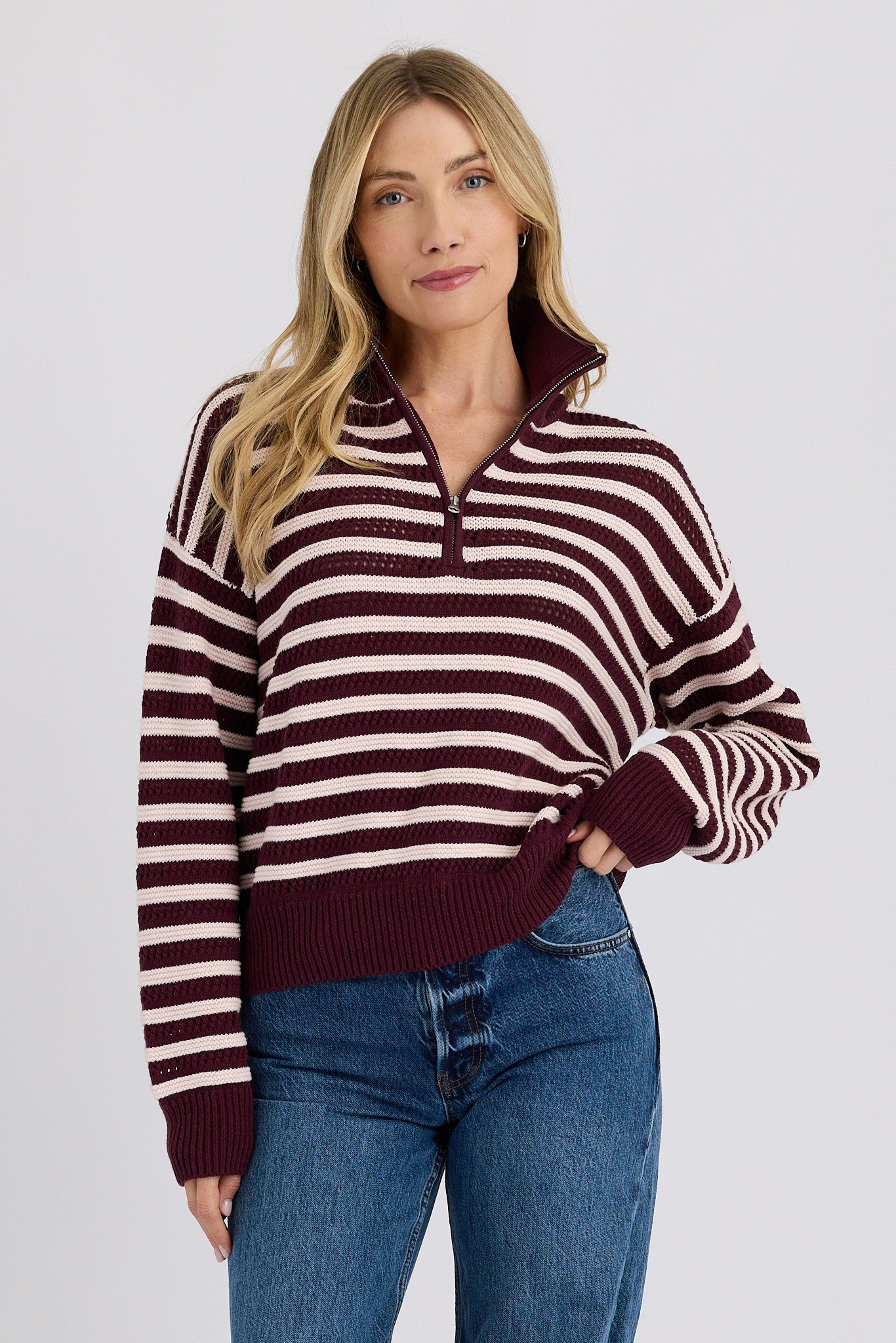 Everly Half Zip - Port Combo-Stitches + Stripes-Happy on Main
