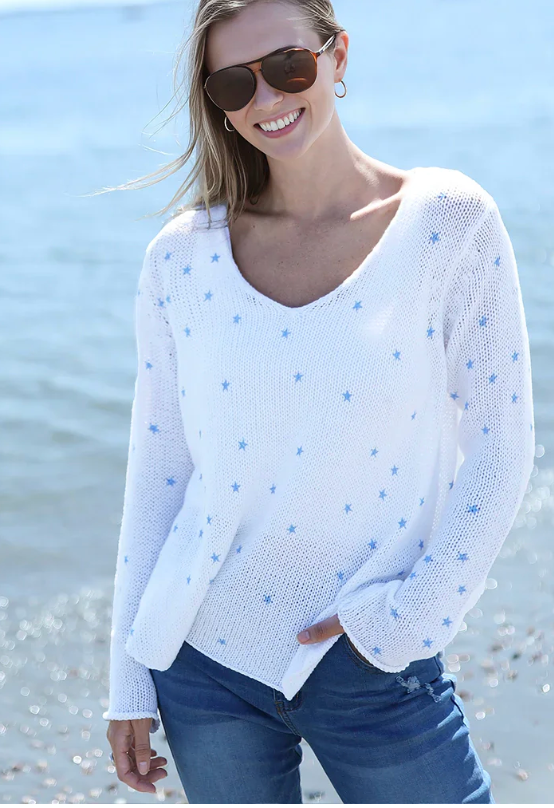 Mini Stars Printed V Cotton - Breaker White/Beach Sky-Wooden Ships-Happy on Main