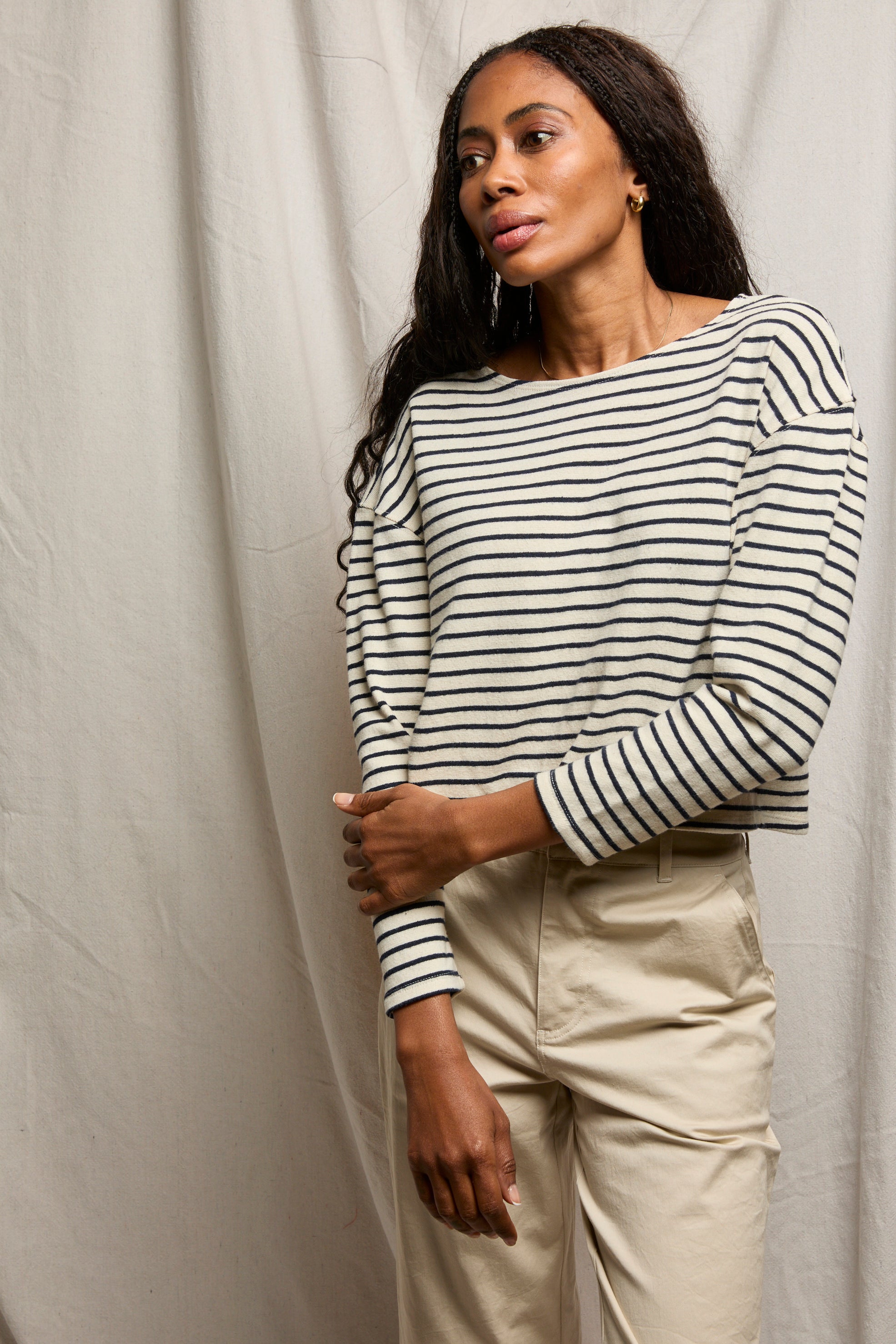 Taylor Brushed Rugby Long Sleeve - Navy Mini Stripe-perfectwhitetee-Happy on Main