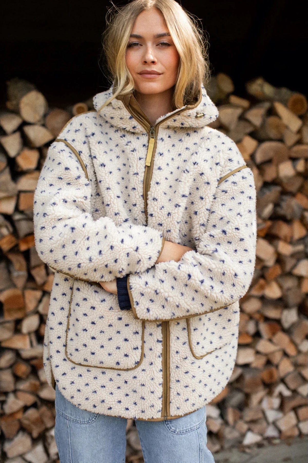 Hooded Sherpa Jacket - Ivory/Blue Birdseye-Marea-Happy on Main