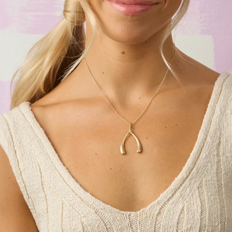 LUCKY Gold Wishbone Pendant - 18-20" Adjustable Delicate Chain-Jane Win-Happy on Main
