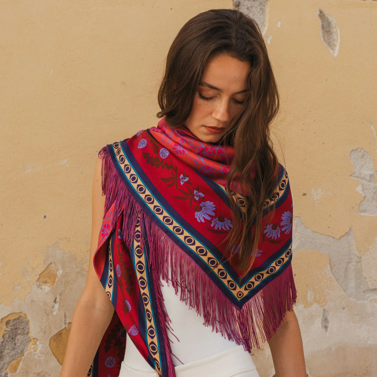 Gaia Silk Fringe Bandana - Raspberry/Lavender-Freya-Happy on Main