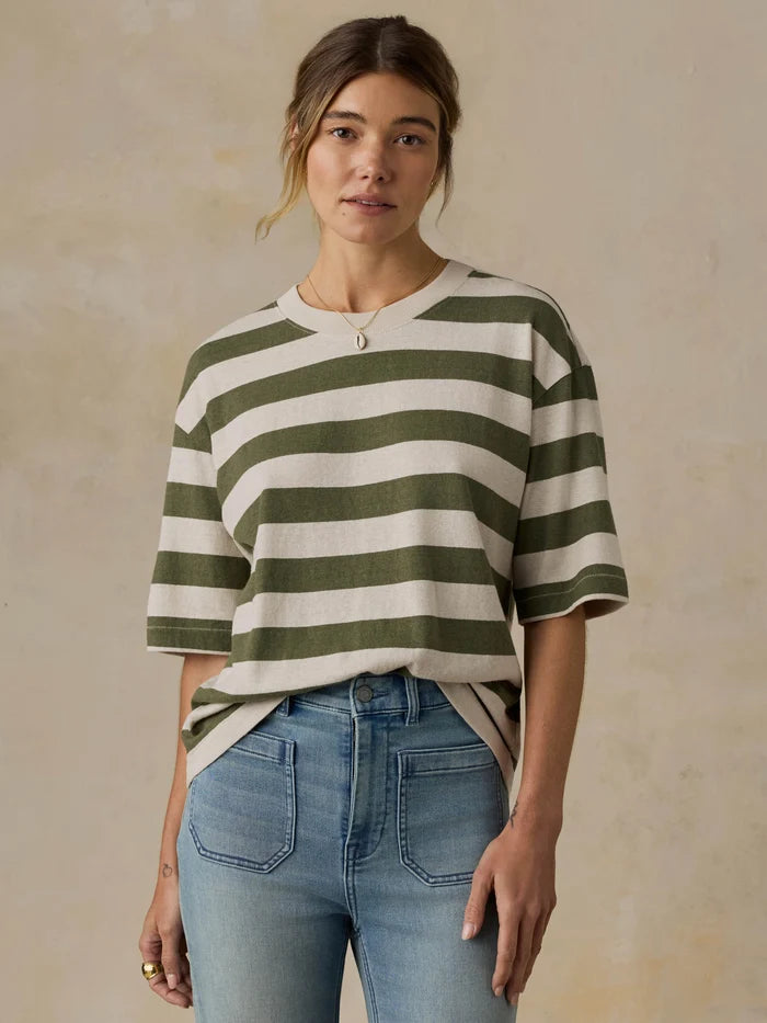 Hemp Blend Vintage Tee - Olive Stripe-Faherty-Happy on Main