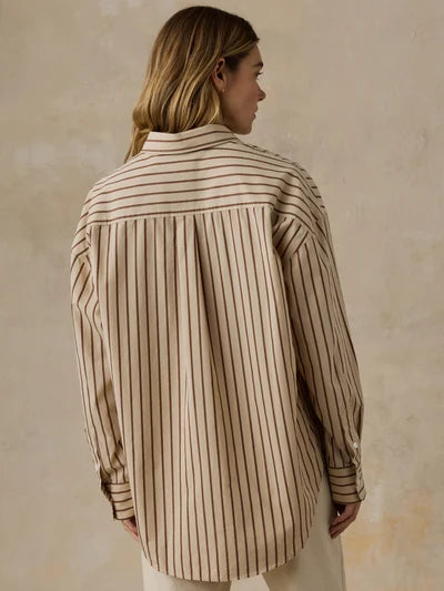 Coastal Poplin Oversized Shirt - Drift Sand Stripe-Faherty-Happy on Main