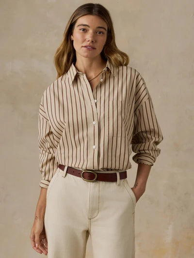 Coastal Poplin Oversized Shirt - Drift Sand Stripe-Faherty-Happy on Main