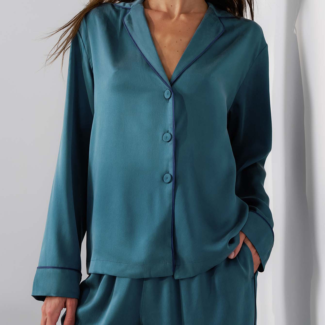 Washable Silk Piped Long Sleeve Pant Set-LUNYA-Happy on Main