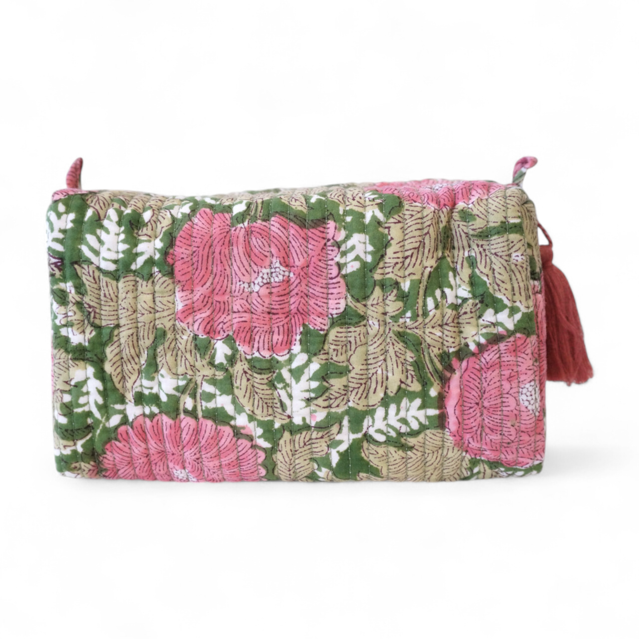 Printed cotton toiletry bag No. 81, laminated interior with four small pockets.