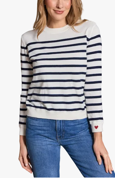Cotton Cashmere Lucy Stripe Crew - White & Abyss-Alashan Cashmere-Happy on Main