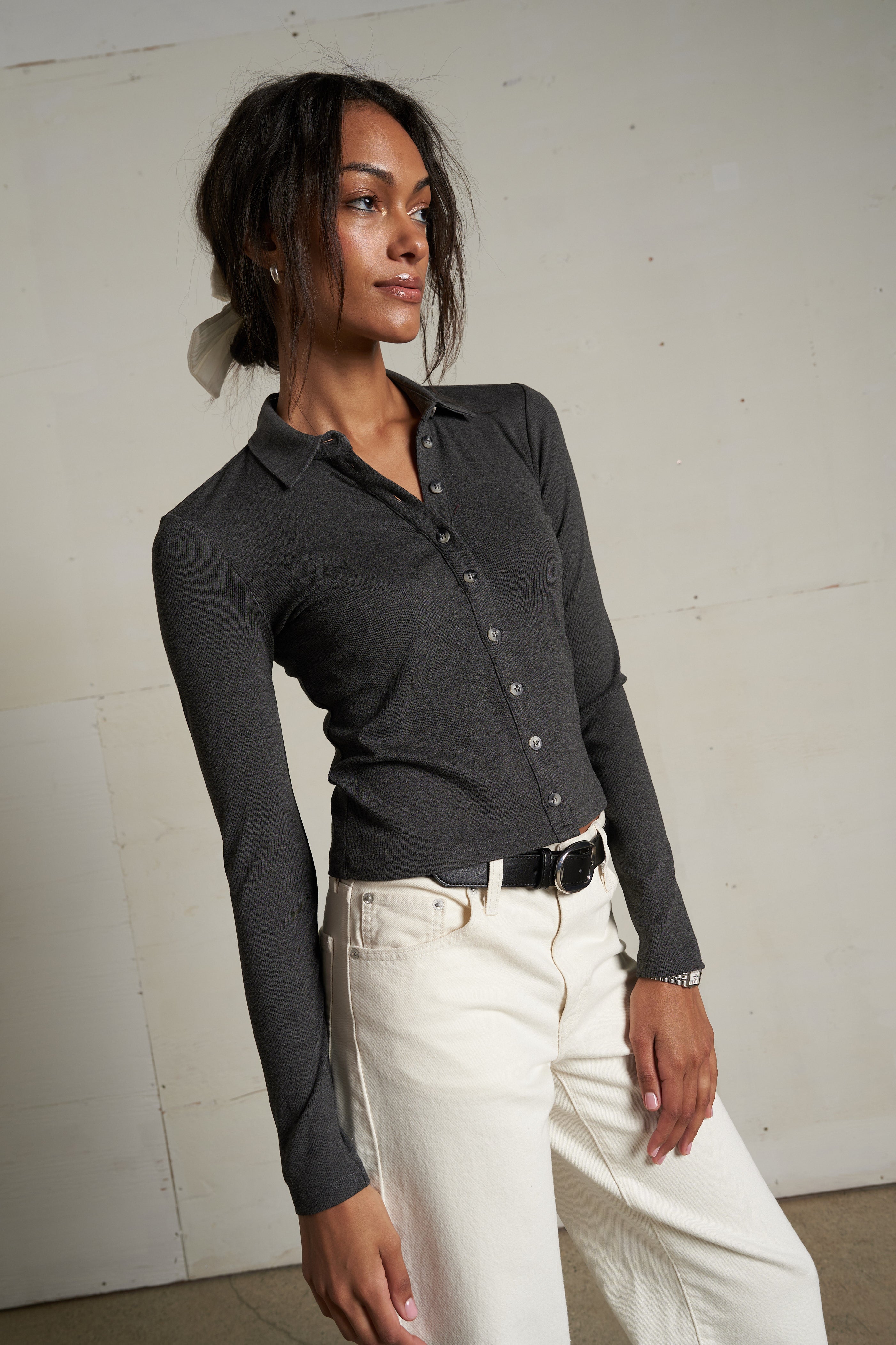 Amee Luxe Rib Long Sleeve Button Polo - Charcoal-perfectwhitetee-Happy on Main