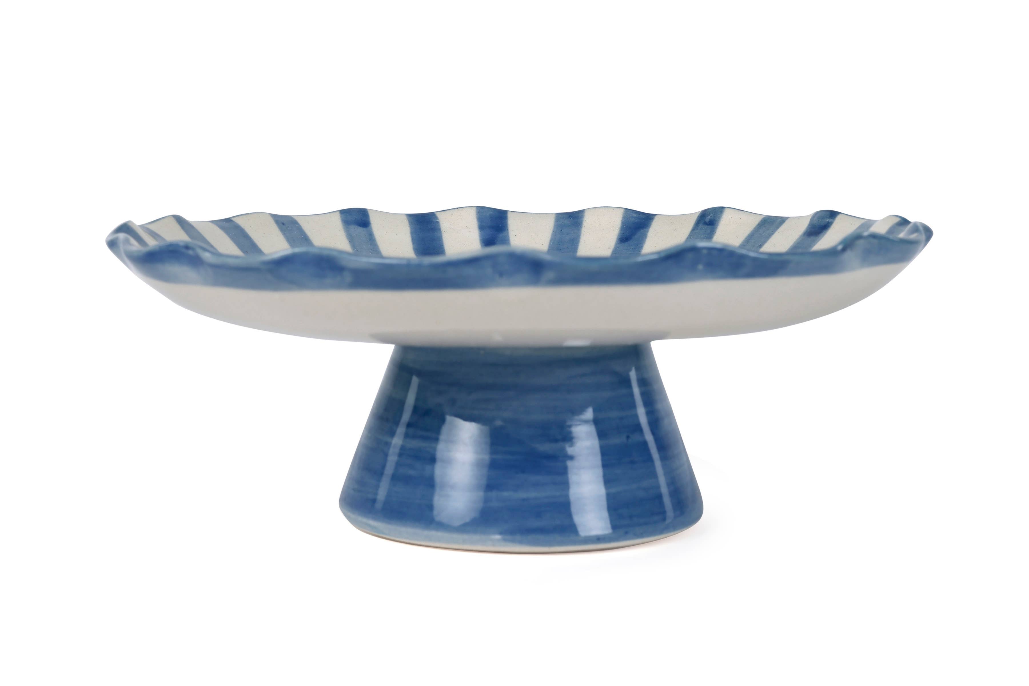 Ceramic Stripe Cake Stand, Blue - 10 x 10 x 3.75 Inches-Home Decor-Happy on Main