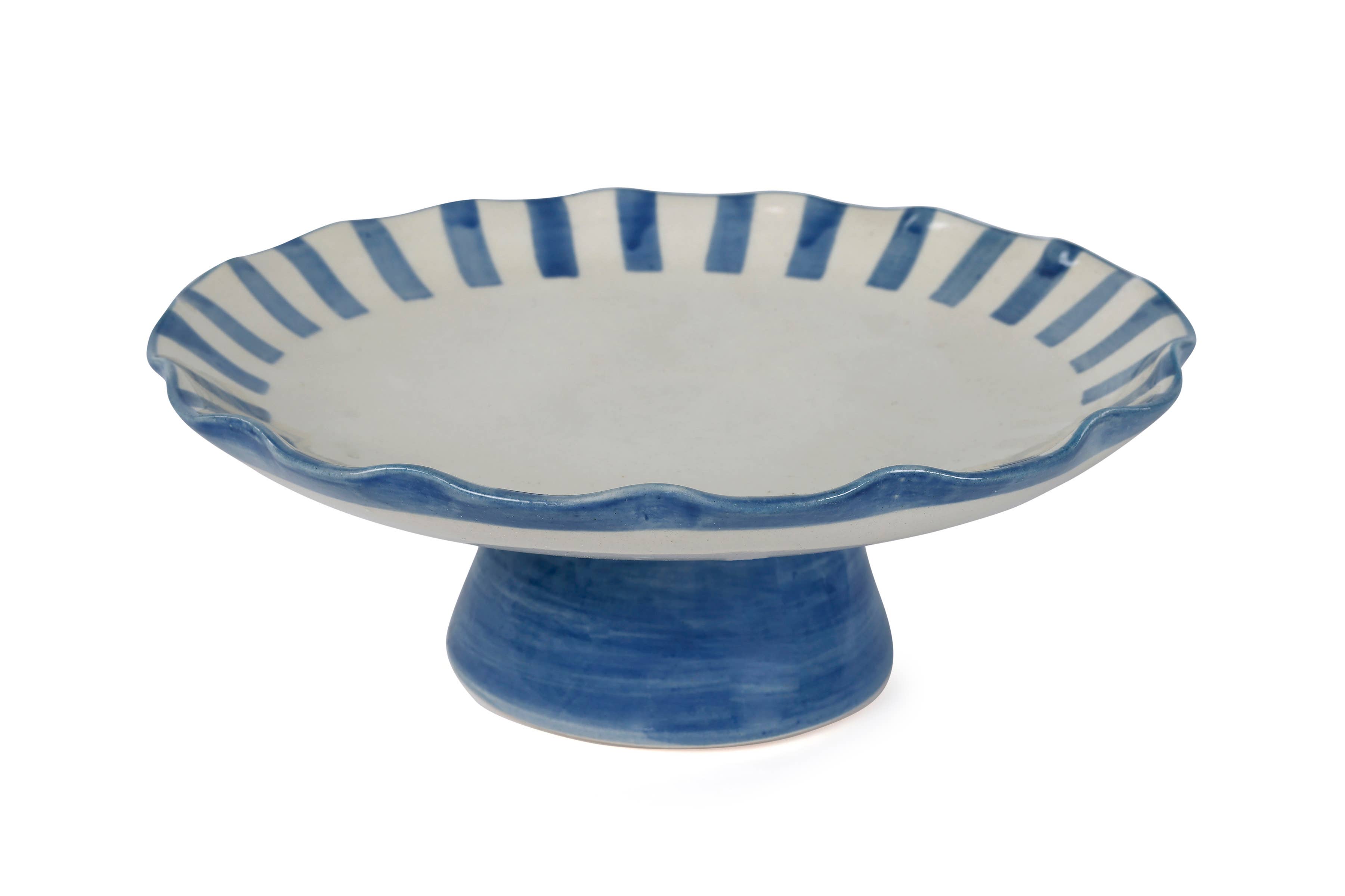 Ceramic Stripe Cake Stand, Blue - 10 x 10 x 3.75 Inches-Home Decor-Happy on Main