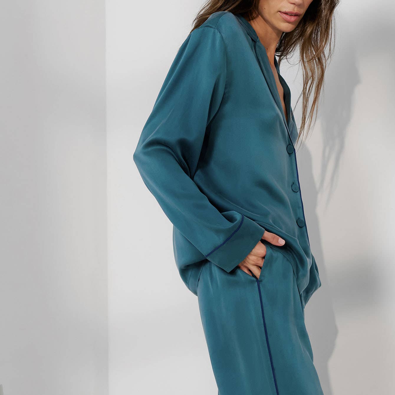 Washable Silk Piped Long Sleeve Pant Set-LUNYA-Happy on Main