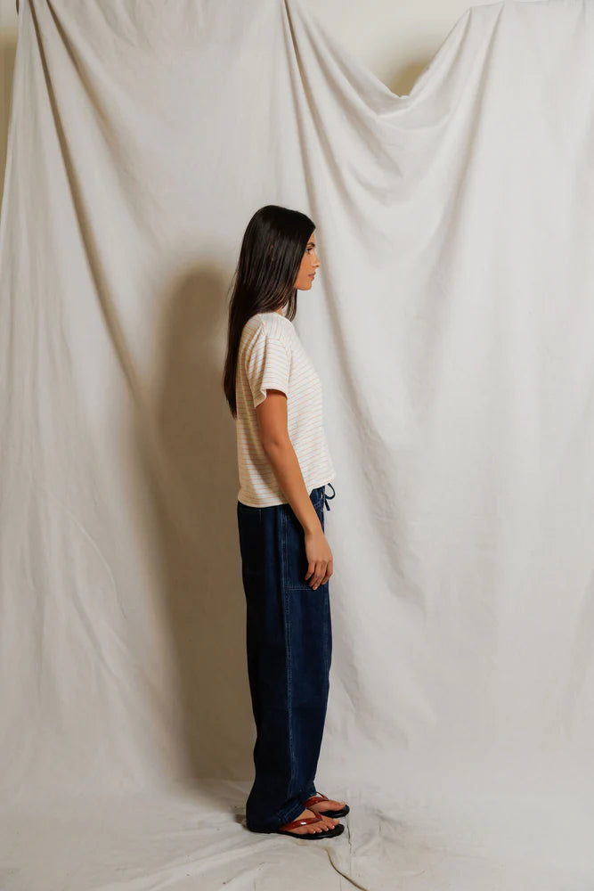Erin Brushed Sweater Stripe Crewneck Tee - Clementine Stripe-perfectwhitetee-Happy on Main