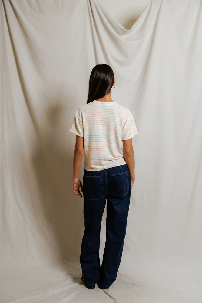 Erin Brushed Sweater Stripe Crewneck Tee - Clementine Stripe-perfectwhitetee-Happy on Main