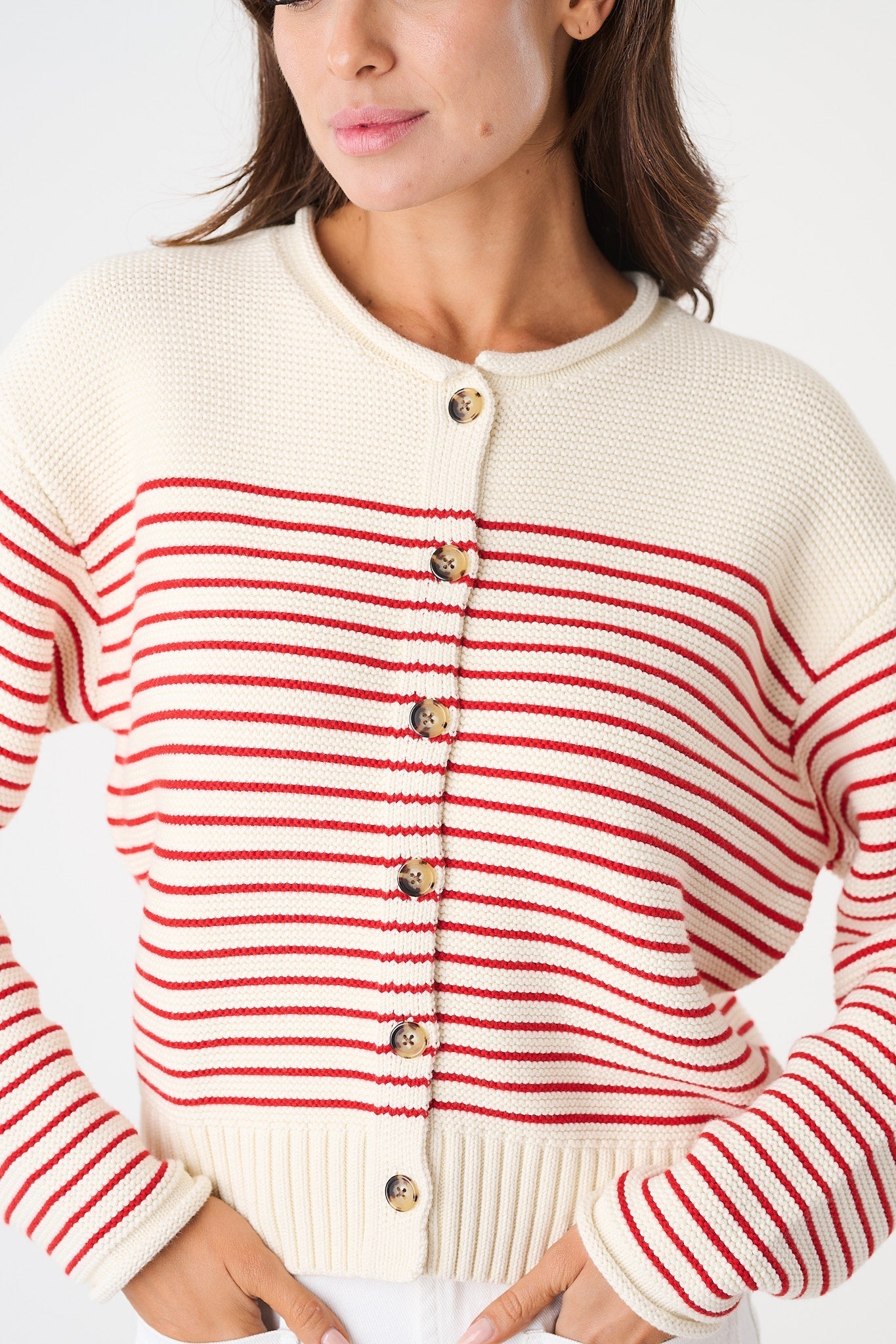Martha Cardigan - Ivory/Red Stripe-Marea-Happy on Main